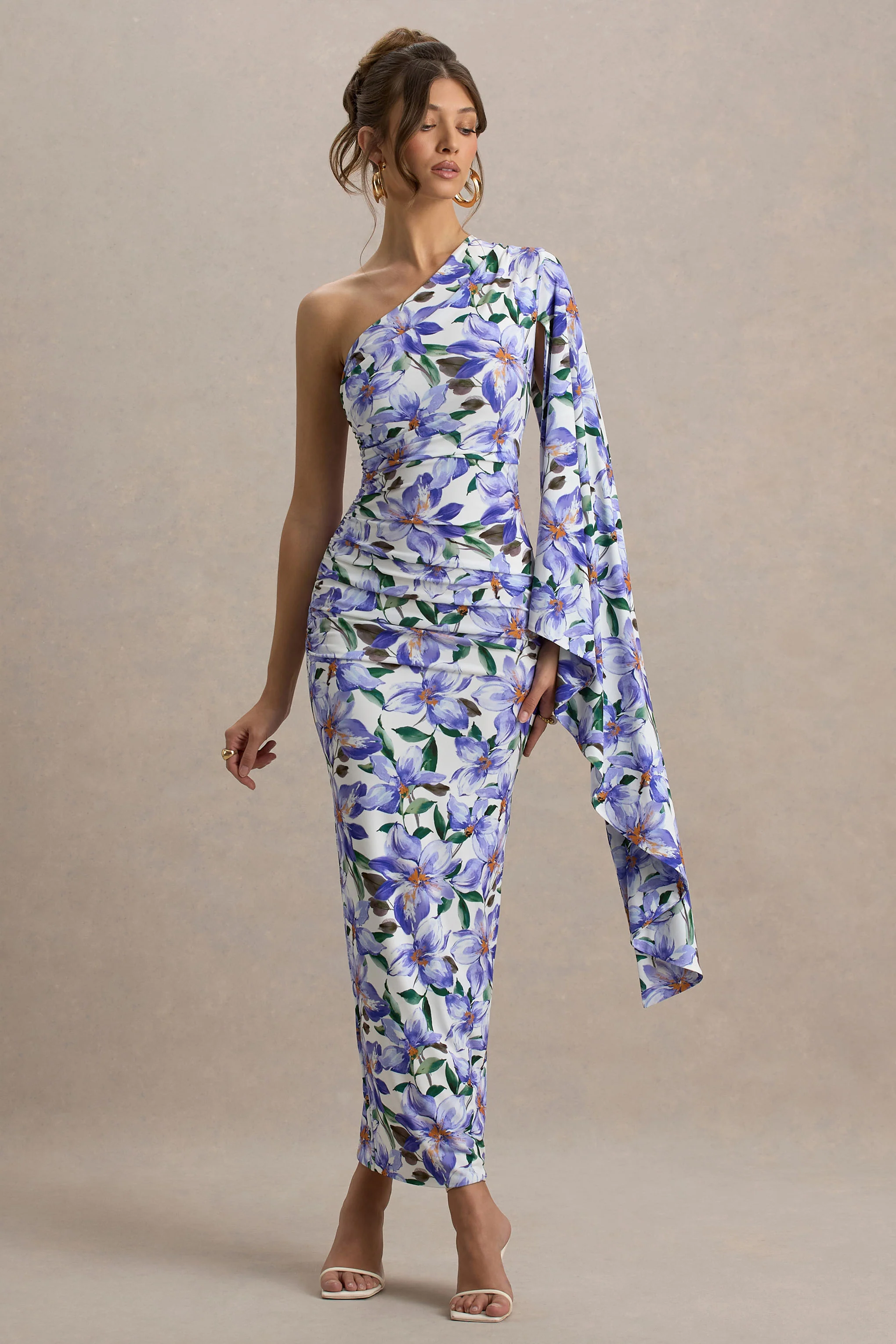Clementina | Purple Lily Print Asymmetric Cape Sleeve Maxi Dress - Image 5