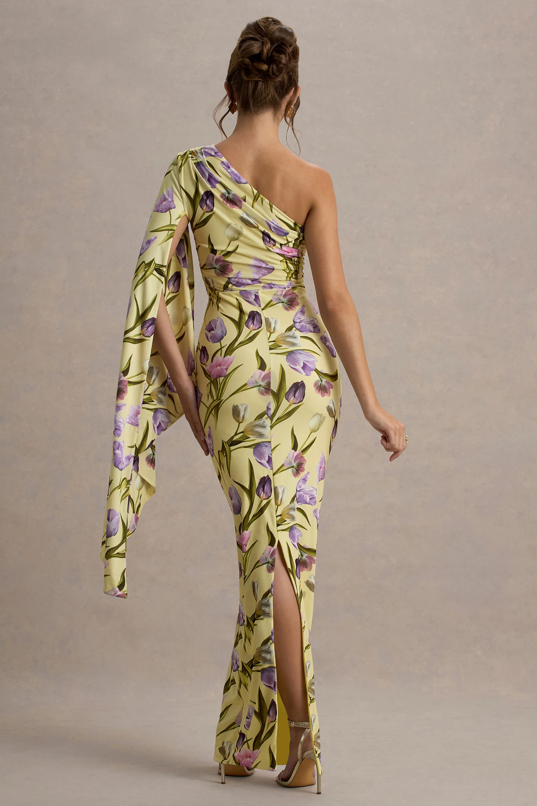 Clementina | Tulip Floral Print Asymmetric Cape Sleeve Maxi Dress - Image 2