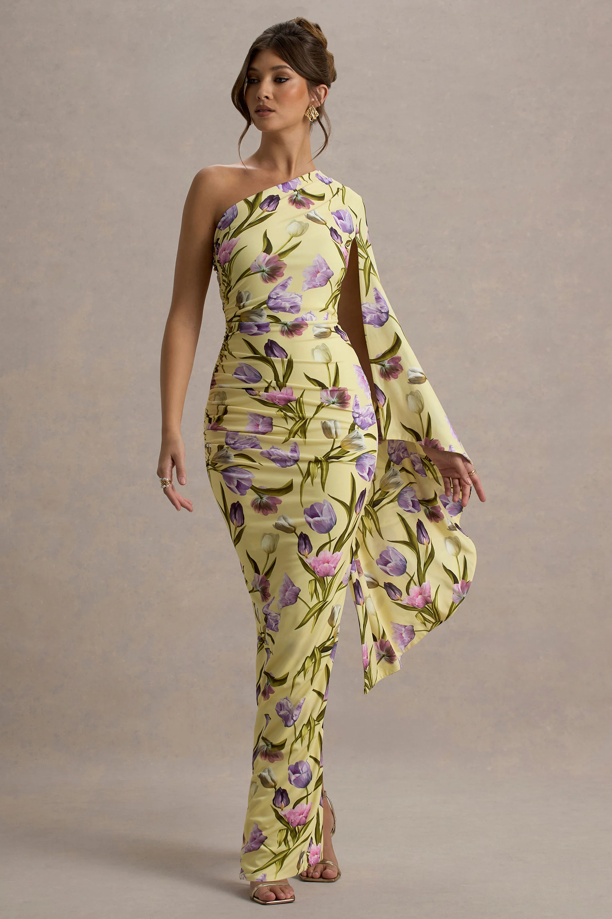 Clementina | Tulip Floral Print Asymmetric Cape Sleeve Maxi Dress - Image 5