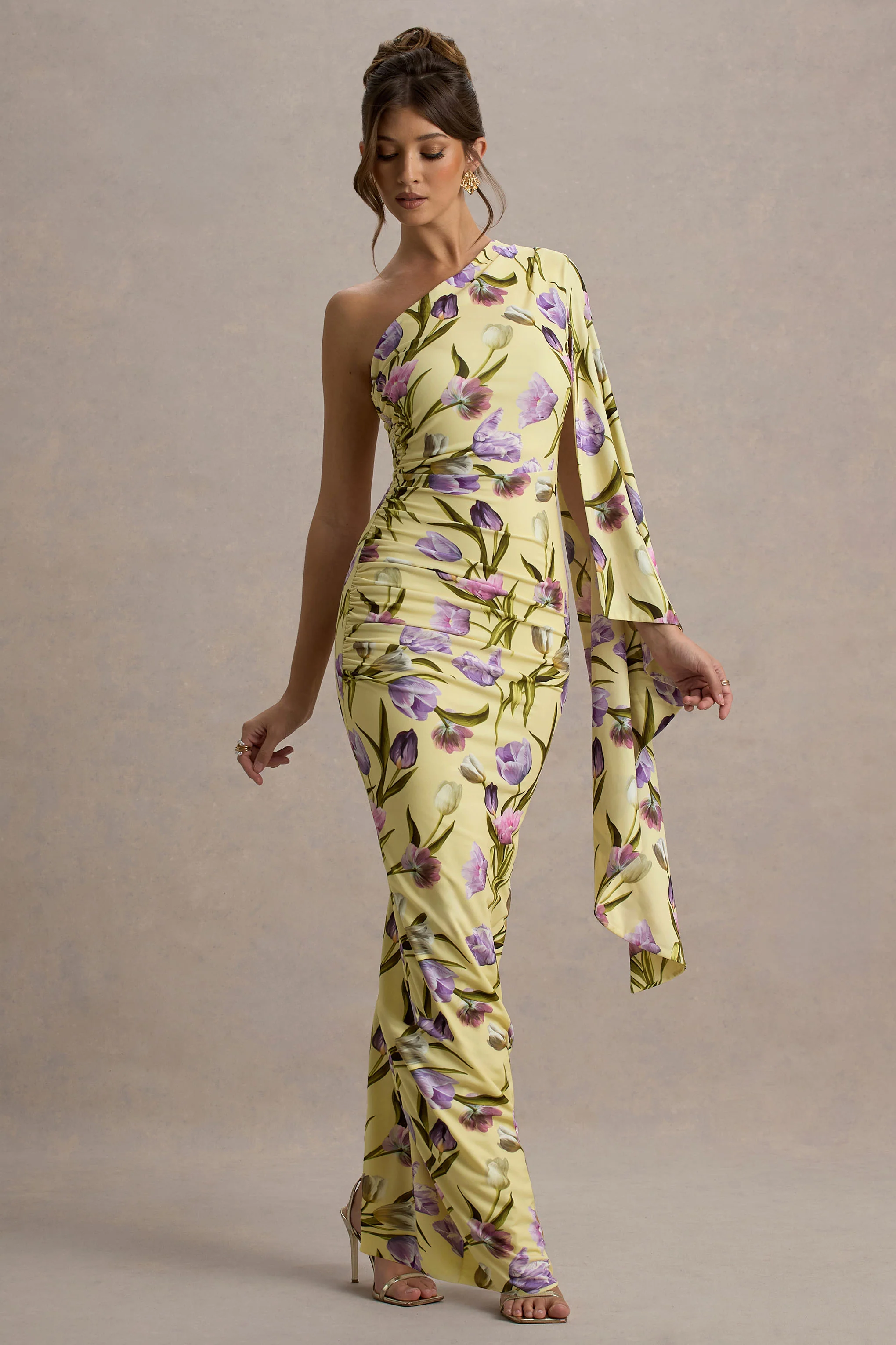 Clementina | Tulip Floral Print Asymmetric Cape Sleeve Maxi Dress - Image 6