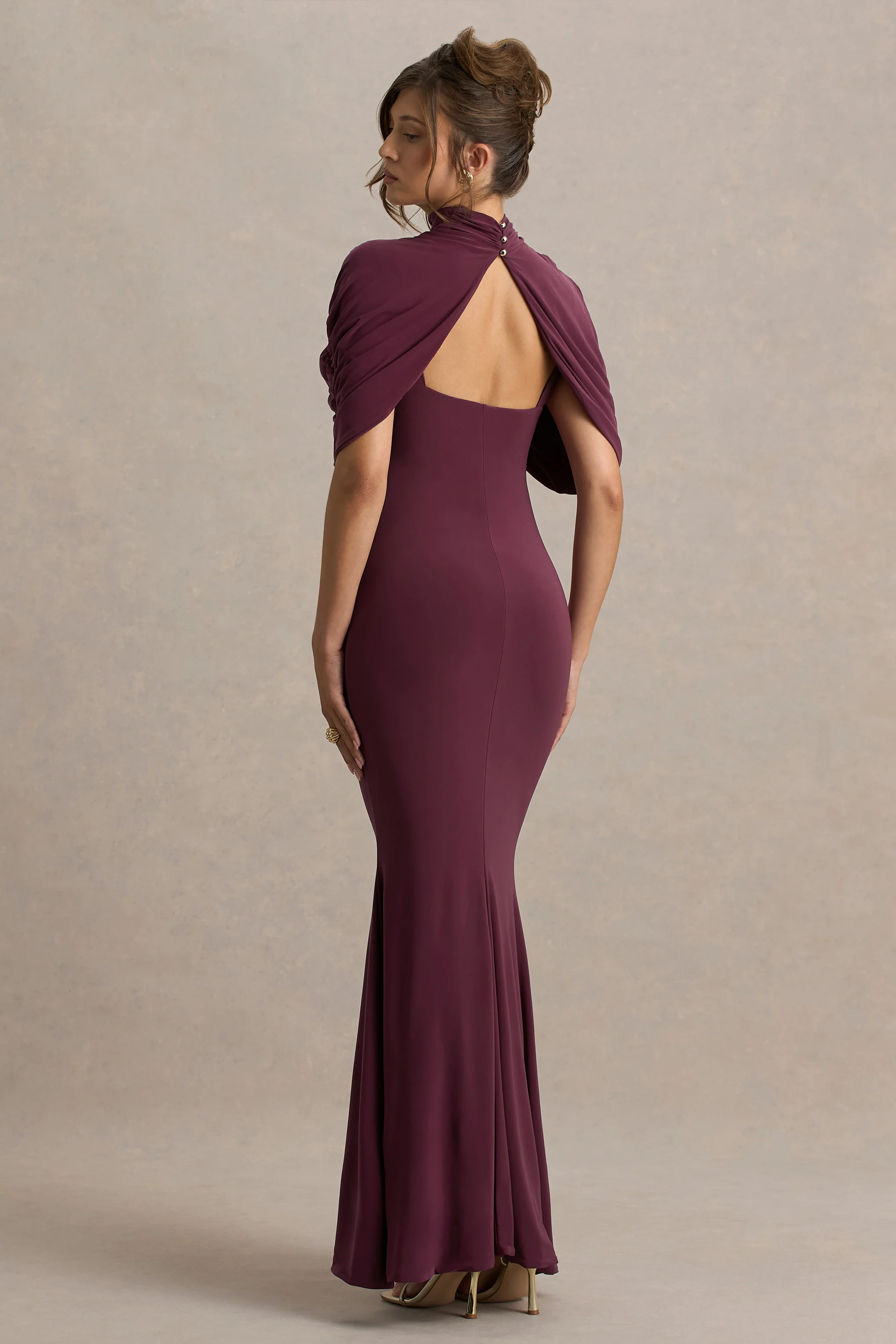 Cleora | Burgundy Twist Cape Maxi Dress - Image 2