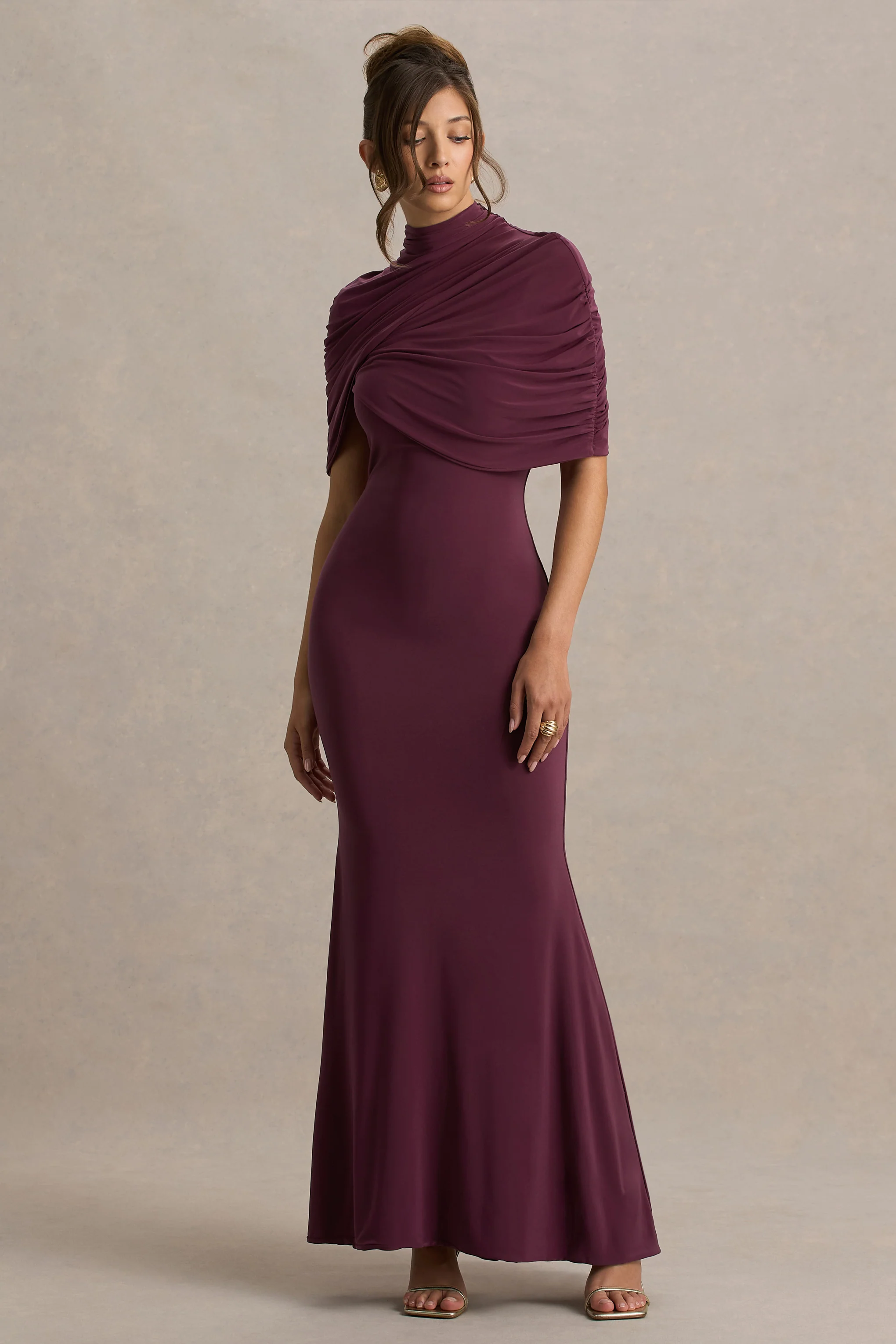Cleora | Burgundy Twist Cape Maxi Dress - Image 3