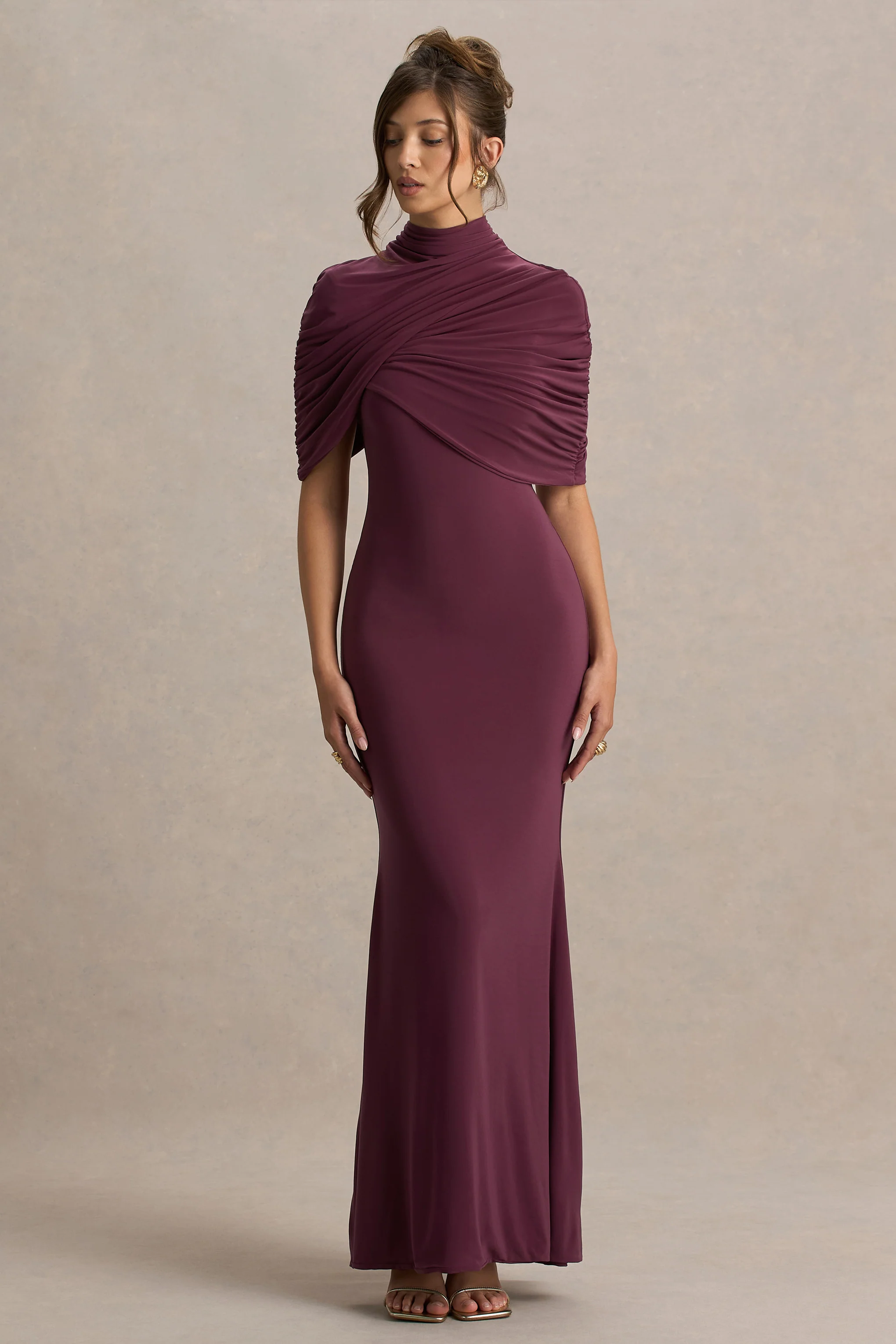 Cleora | Burgundy Twist Cape Maxi Dress - Image 5