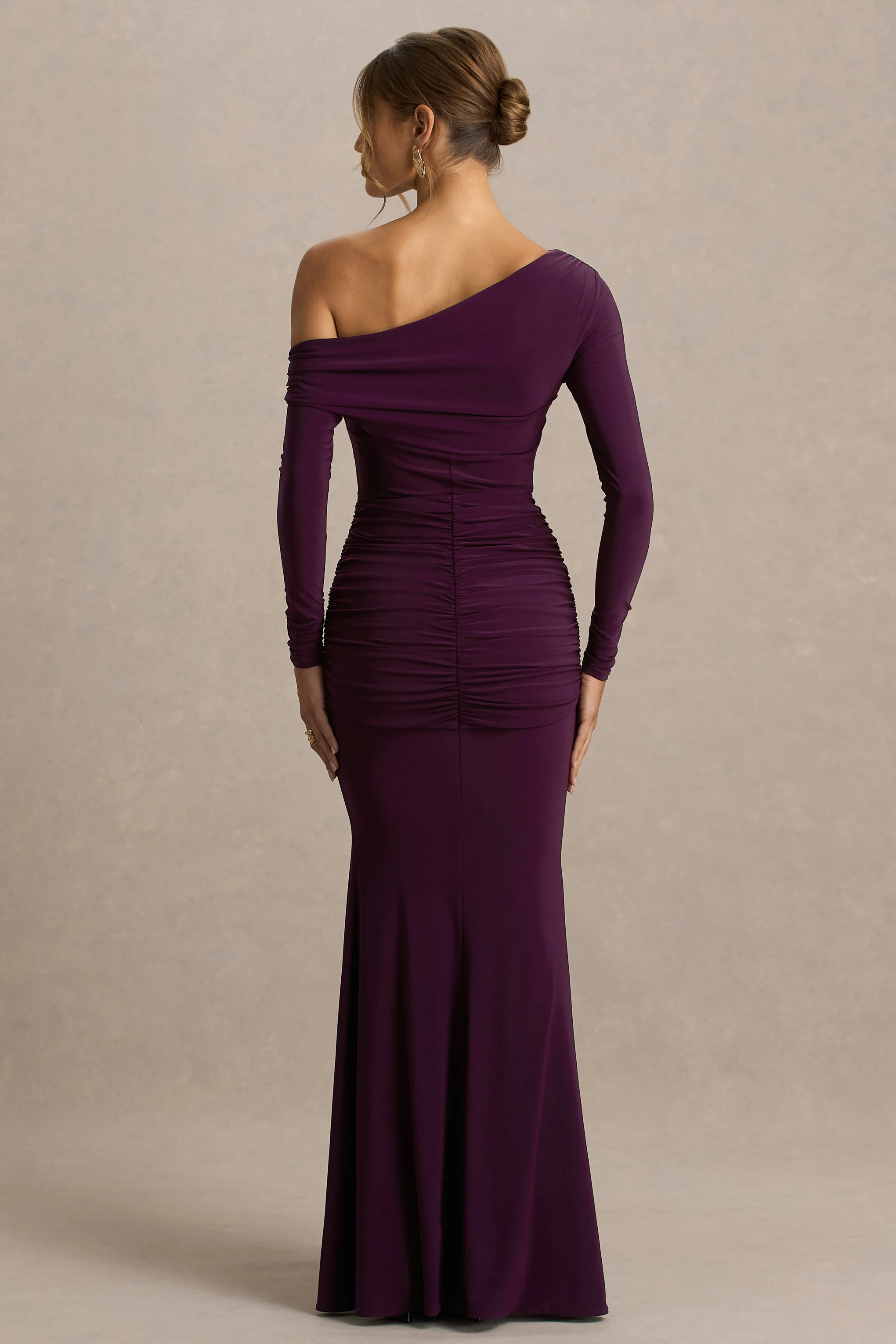 Clover | Burgundy Asymmetric-Neck Wrapped Maxi Dress With Sash - Image 2