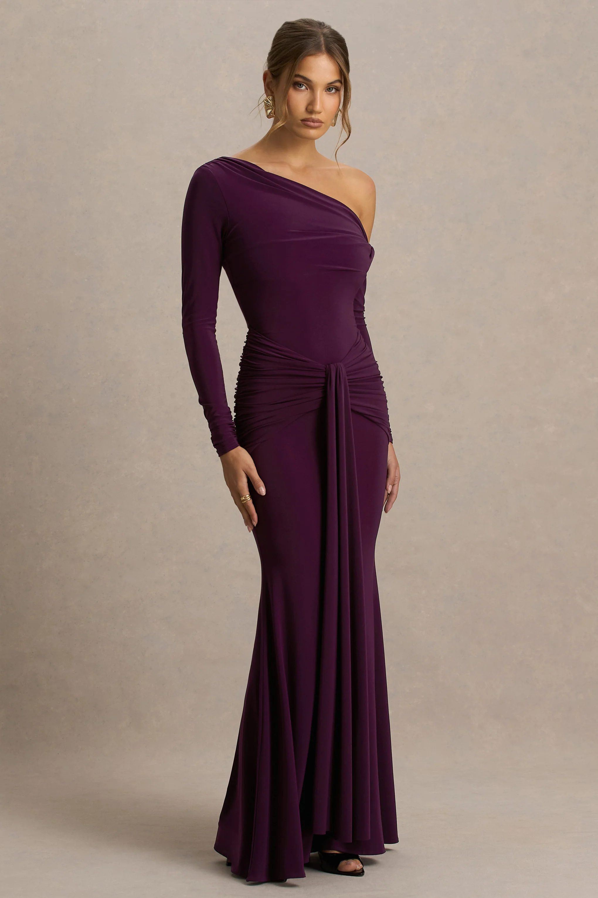Clover | Burgundy Asymmetric-Neck Wrapped Maxi Dress With Sash - Image 3