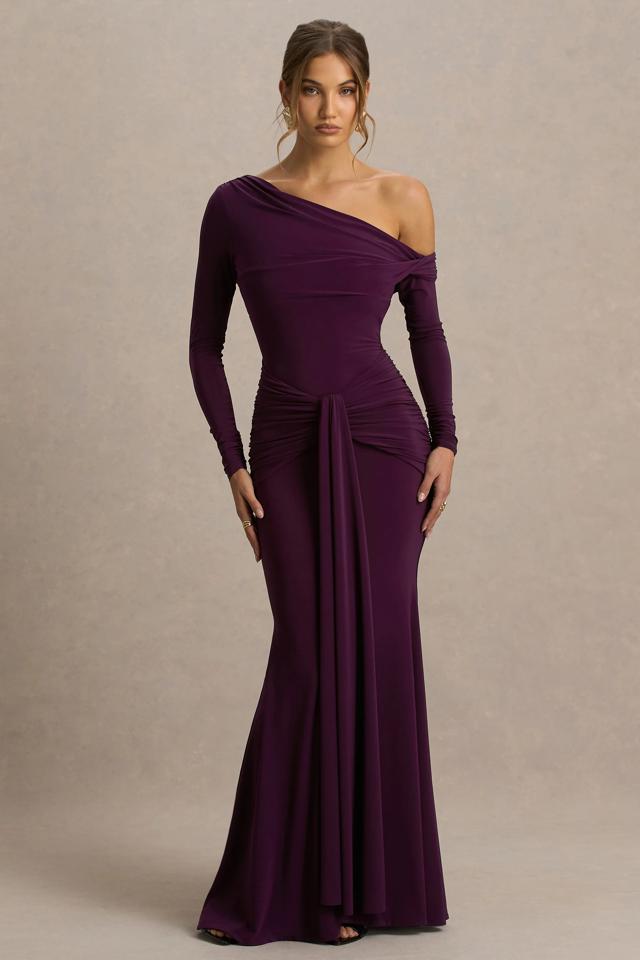 Clover | Burgundy Asymmetric-Neck Wrapped Maxi Dress With Sash - Image 5