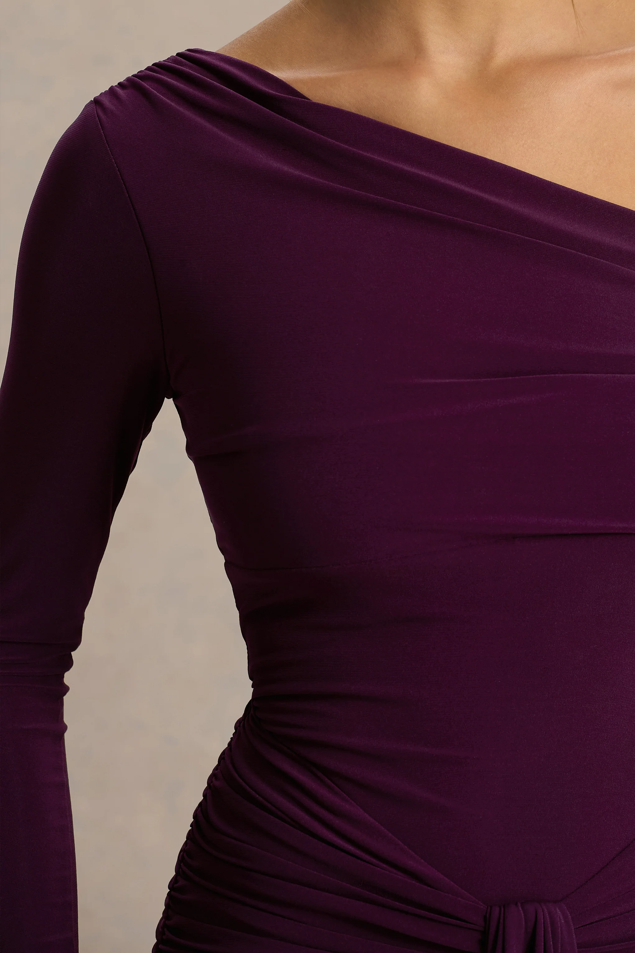 Clover | Burgundy Asymmetric-Neck Wrapped Maxi Dress With Sash - Image 6