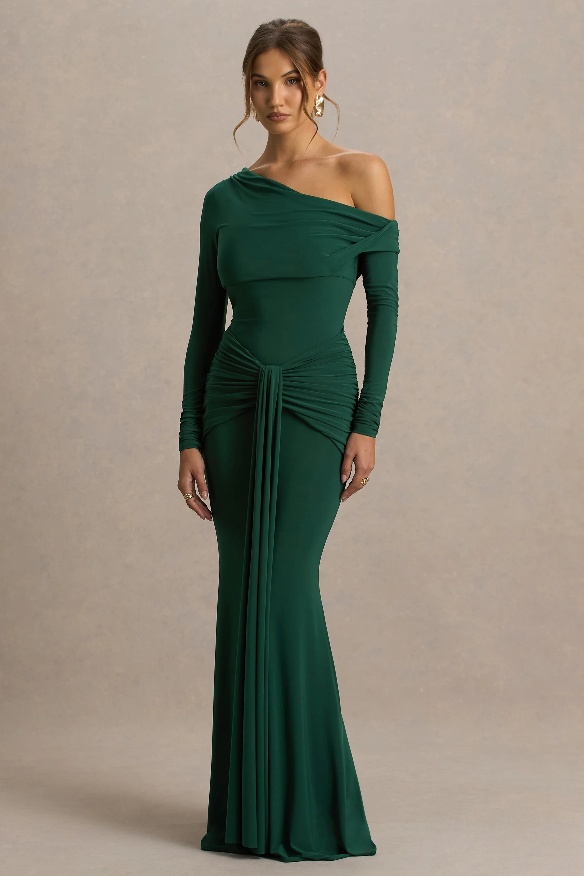 Clover | Dark Green Asymmetric-Neck Wrapped Maxi Dress With Sash - Image 3