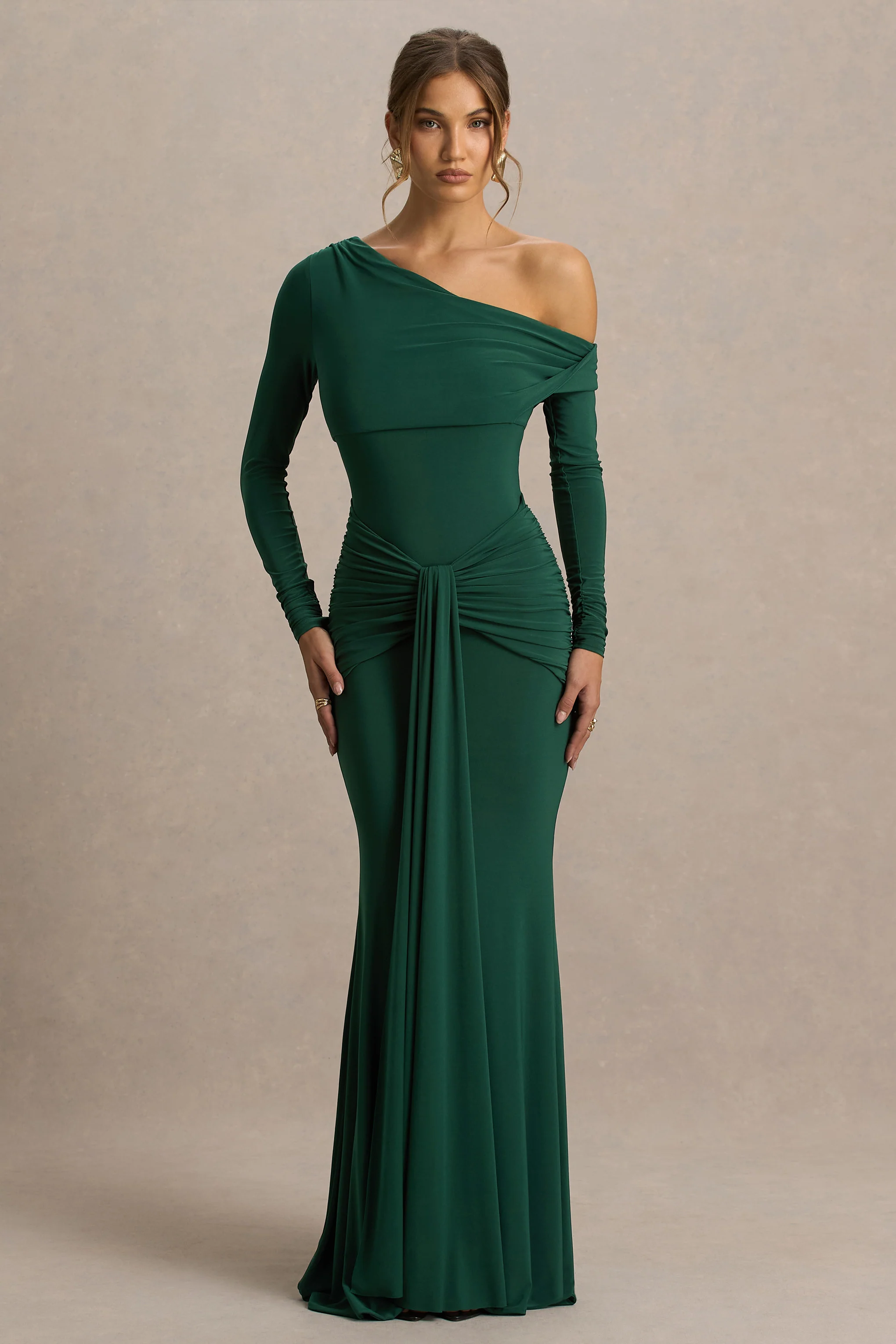 Clover | Dark Green Asymmetric-Neck Wrapped Maxi Dress With Sash - Image 5