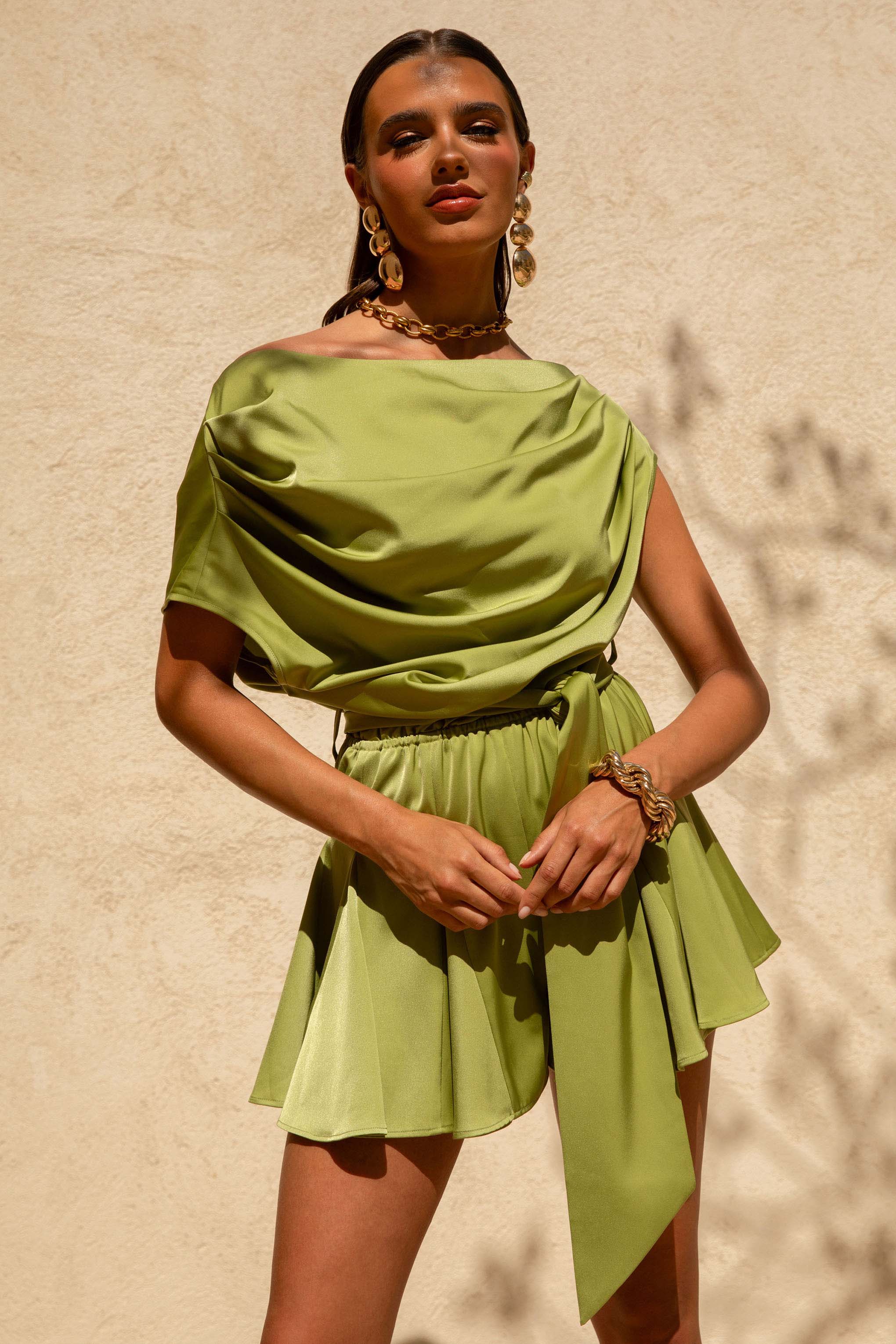 Clydie | Olive Satin Asymmetric Playsuit With Tie-Waist - Image 3