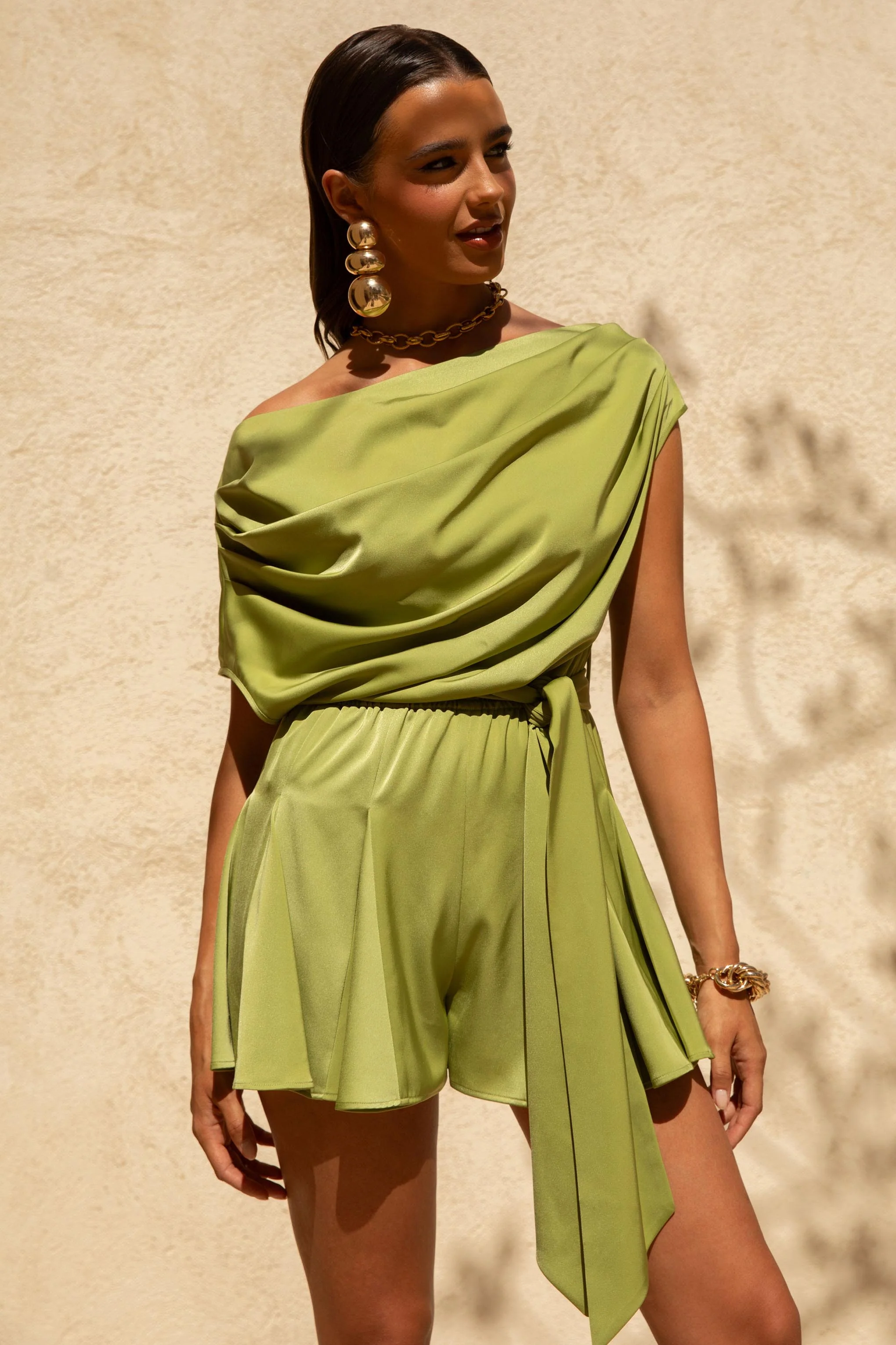 Clydie | Olive Satin Asymmetric Playsuit With Tie-Waist - Image 6