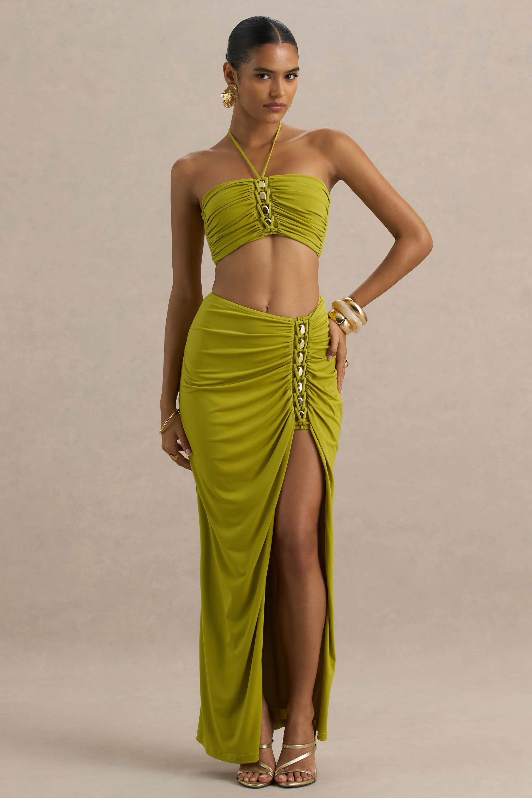 Coastline | Green Ruched Maxi Skirt With Split - Image 3