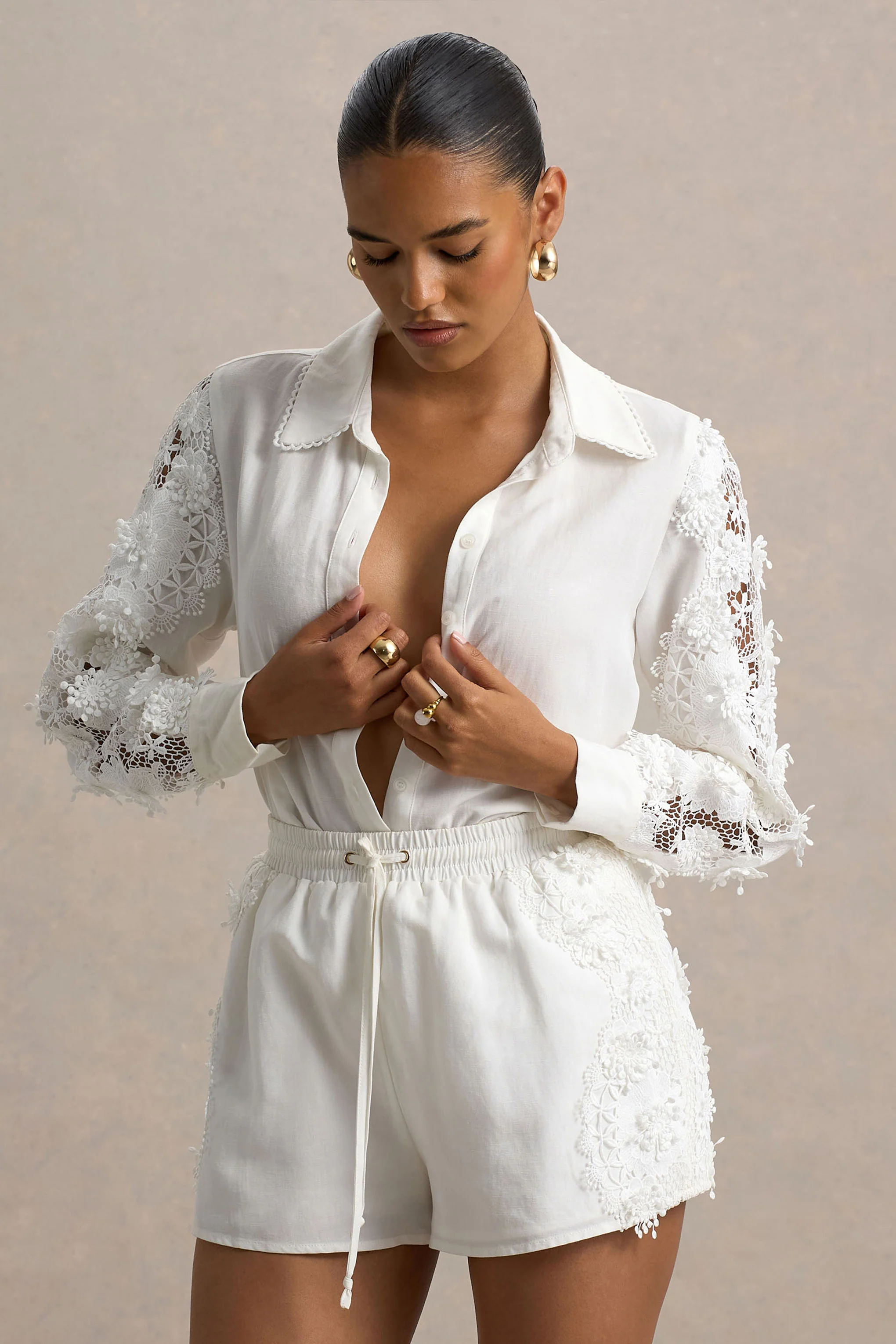 Coconut | Ecru Button-Up Shirt With Lace Detail - Image 6