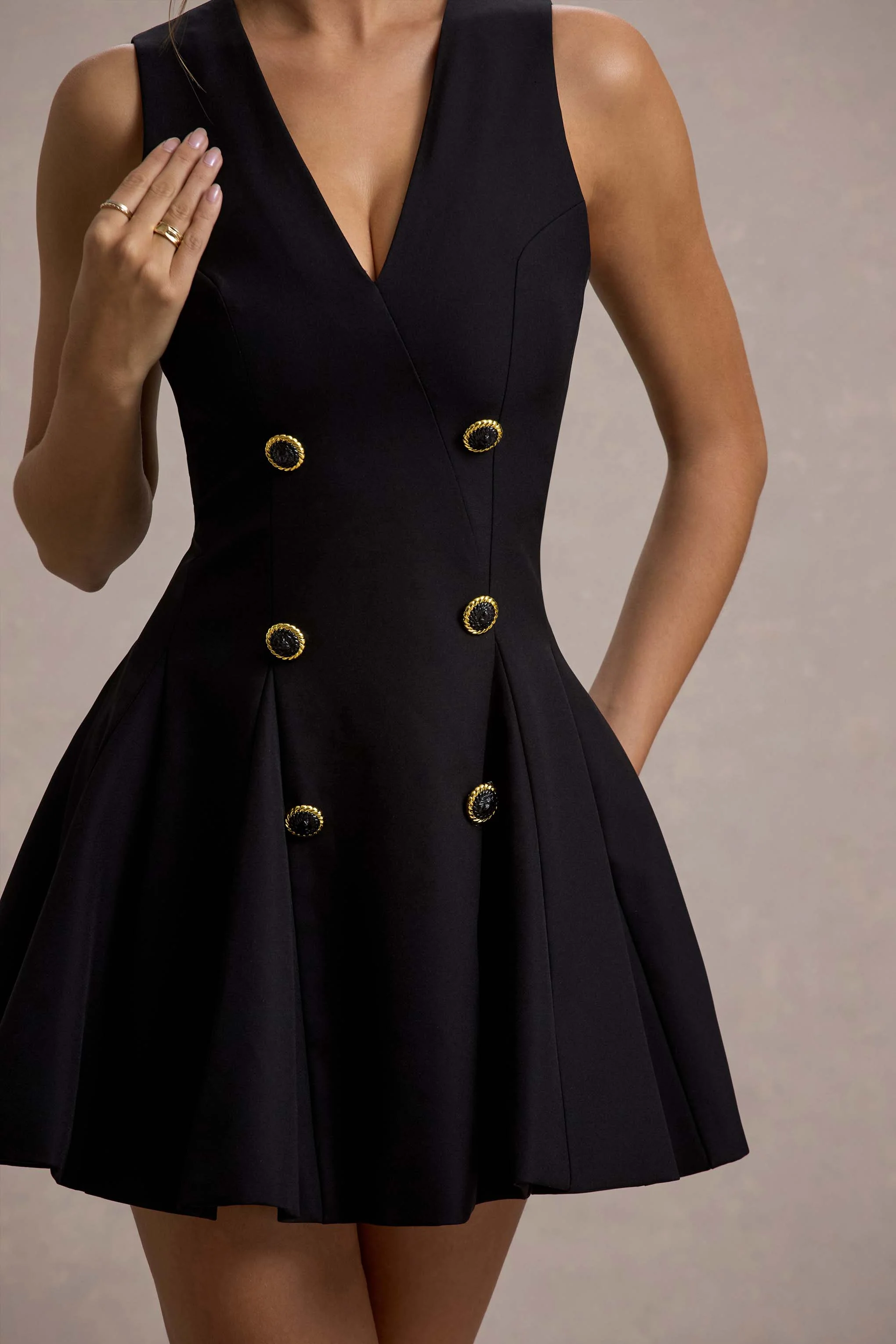 Collette | Black Tailored Plunge-Neck Mini Dress - Image 7