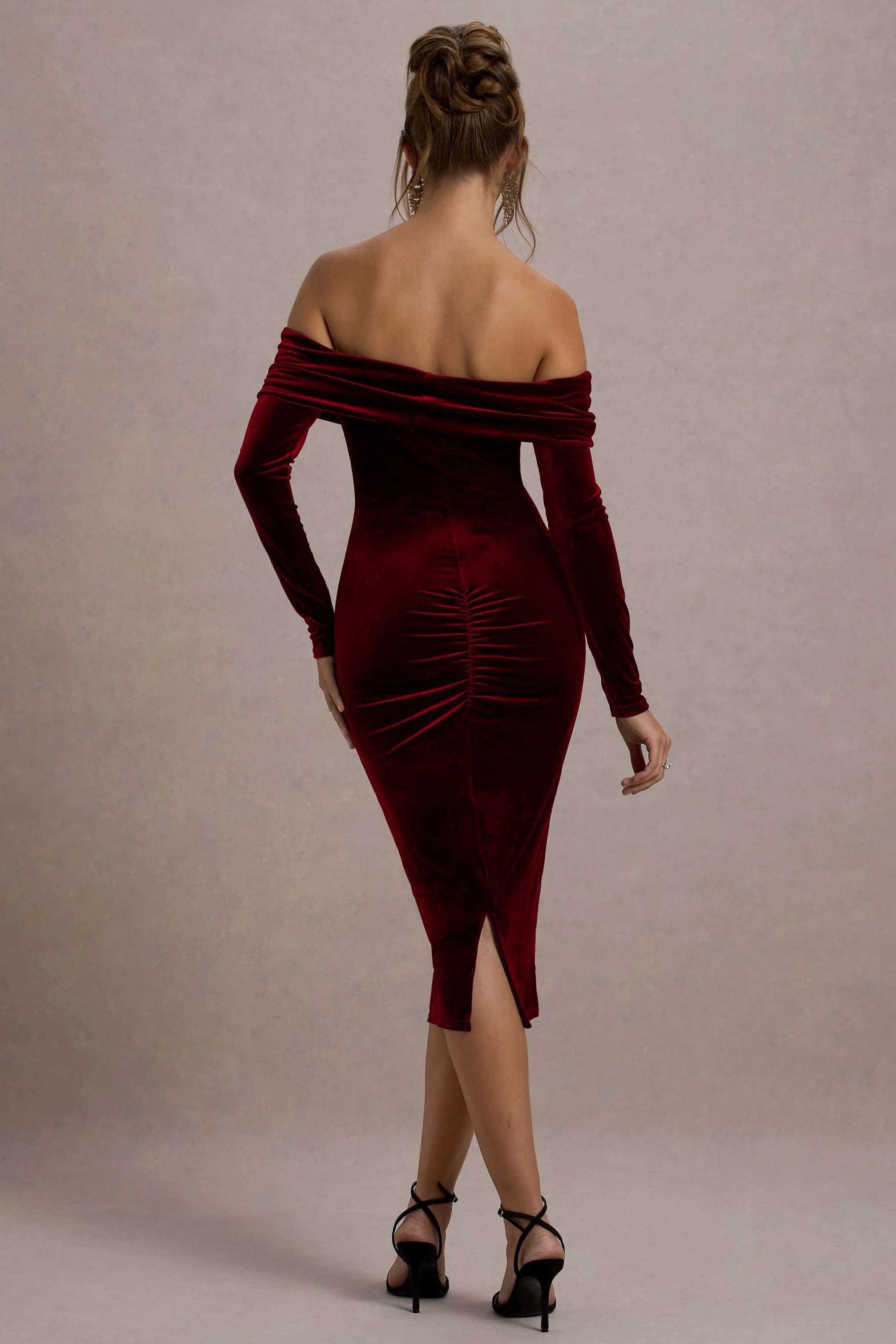 Compliment | Berry Velvet Bardot Midi Dress - Image 2