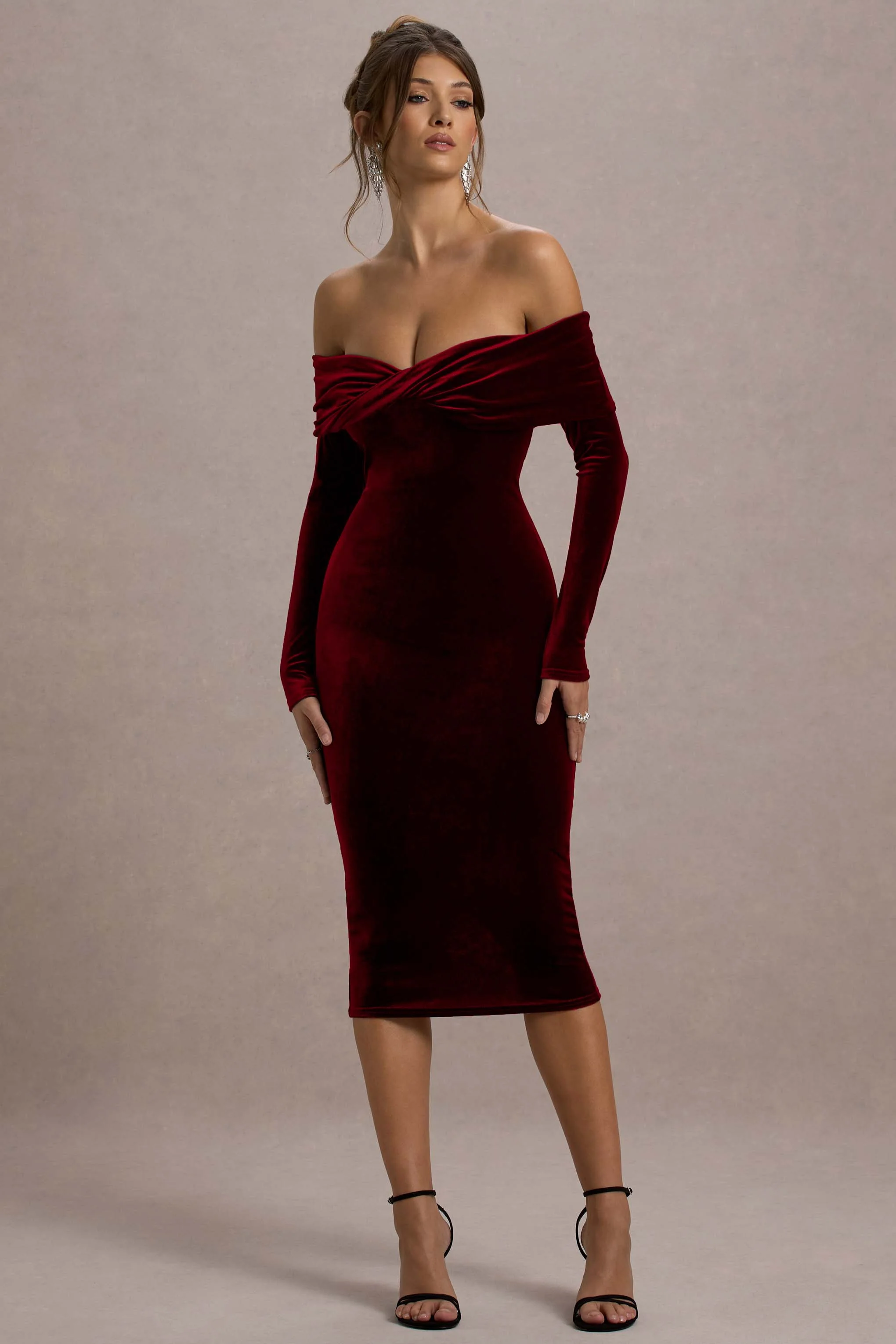 Compliment | Berry Velvet Bardot Midi Dress - Image 4