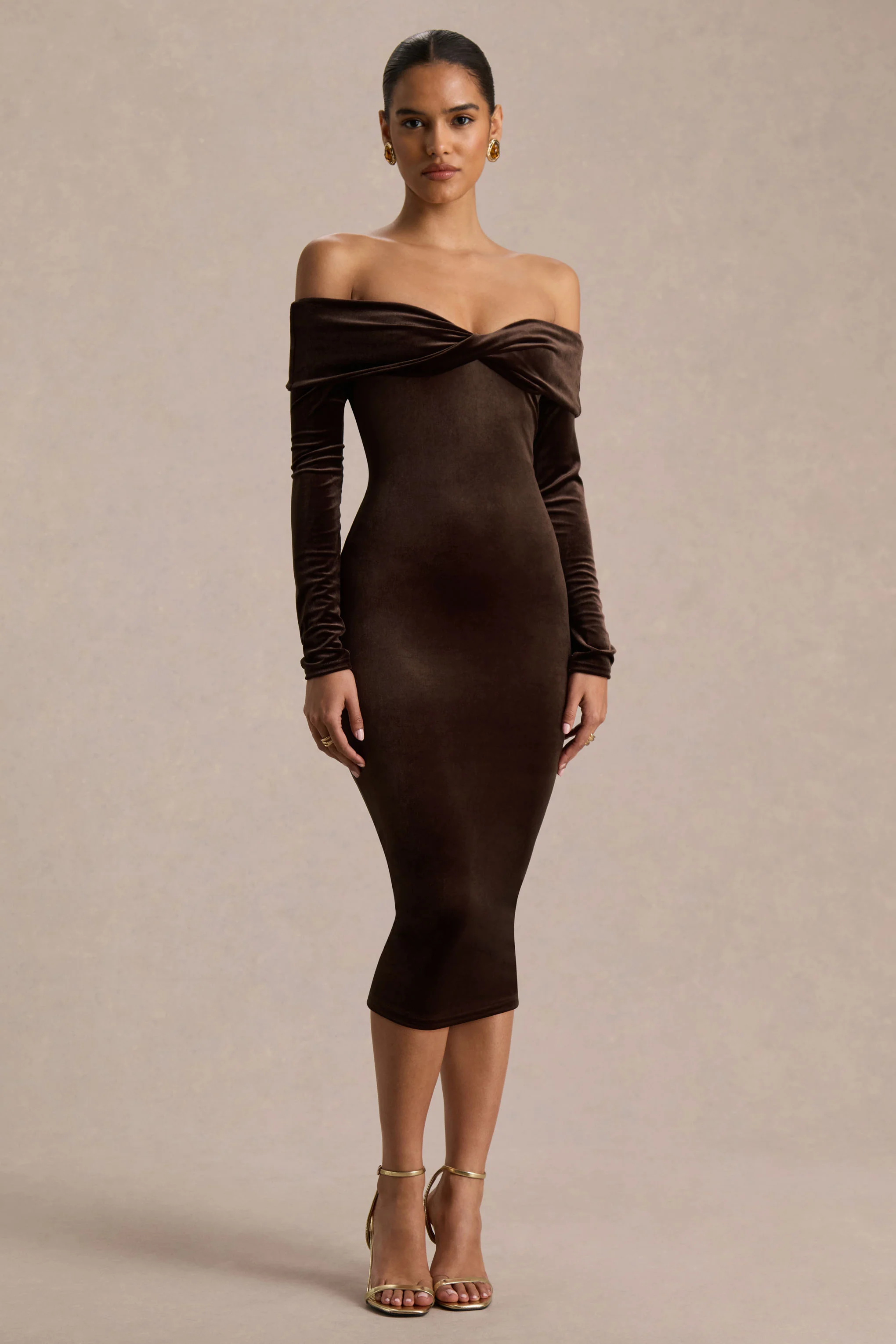 Compliment | Brown Velvet Bardot Midi Dress - Image 2