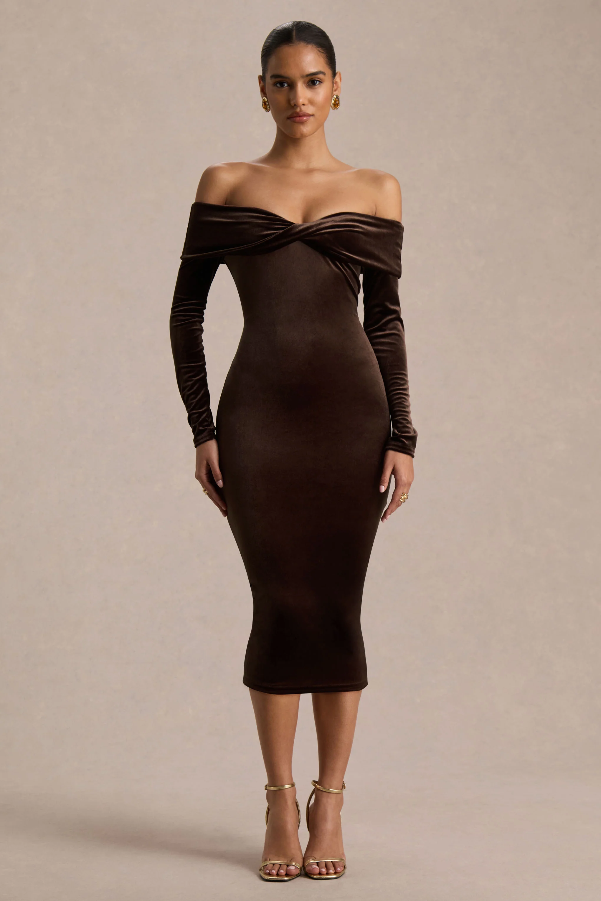 Compliment | Brown Velvet Bardot Midi Dress - Image 4