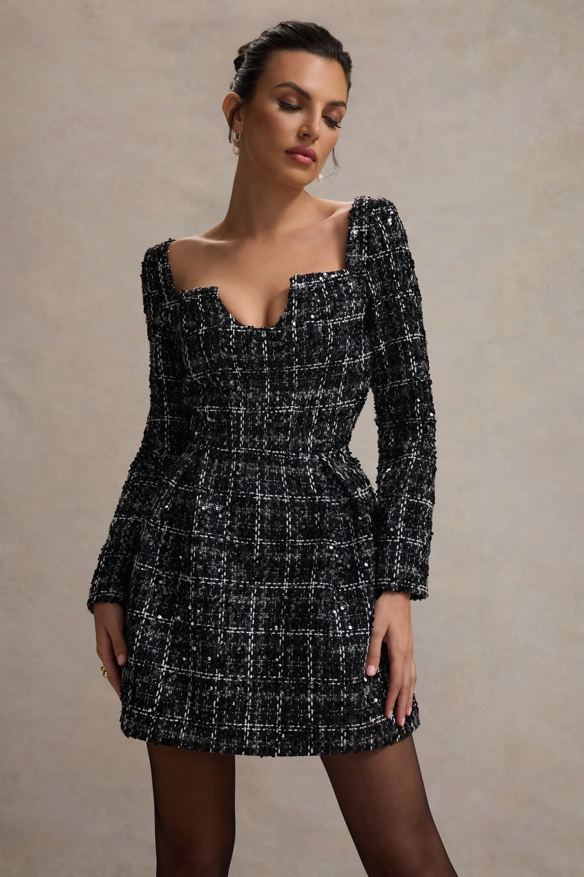 Contessa | Black Boucle Long-Sleeve Mini Dress - Image 4