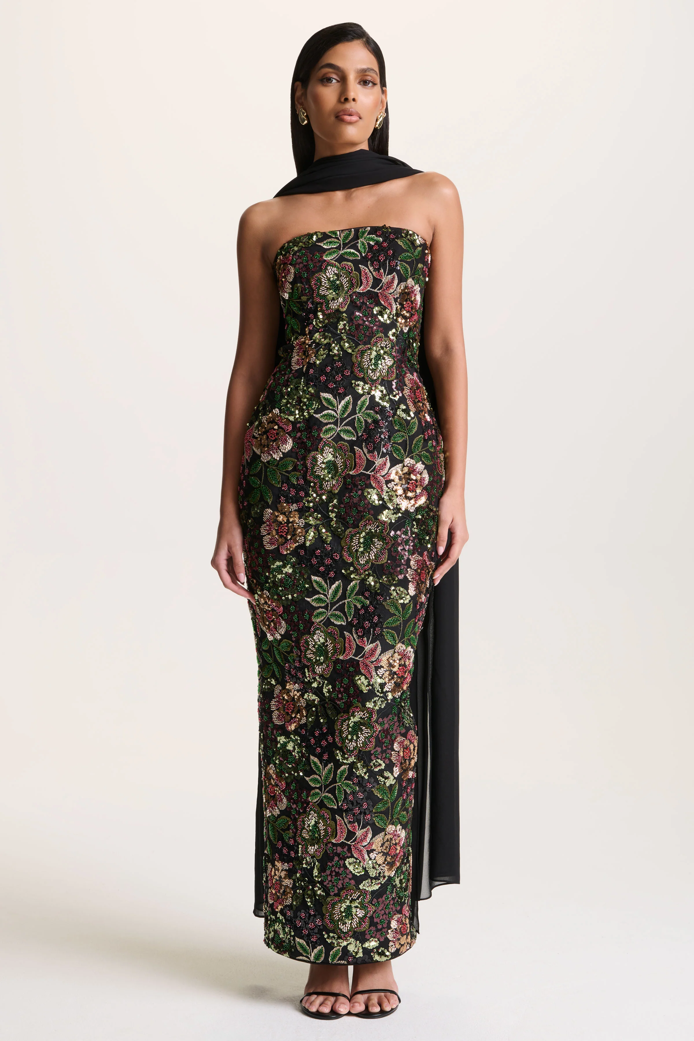 Cora | Winter Floral Embellished Mesh Bandeau Maxi Dress With Scarf - Image 2