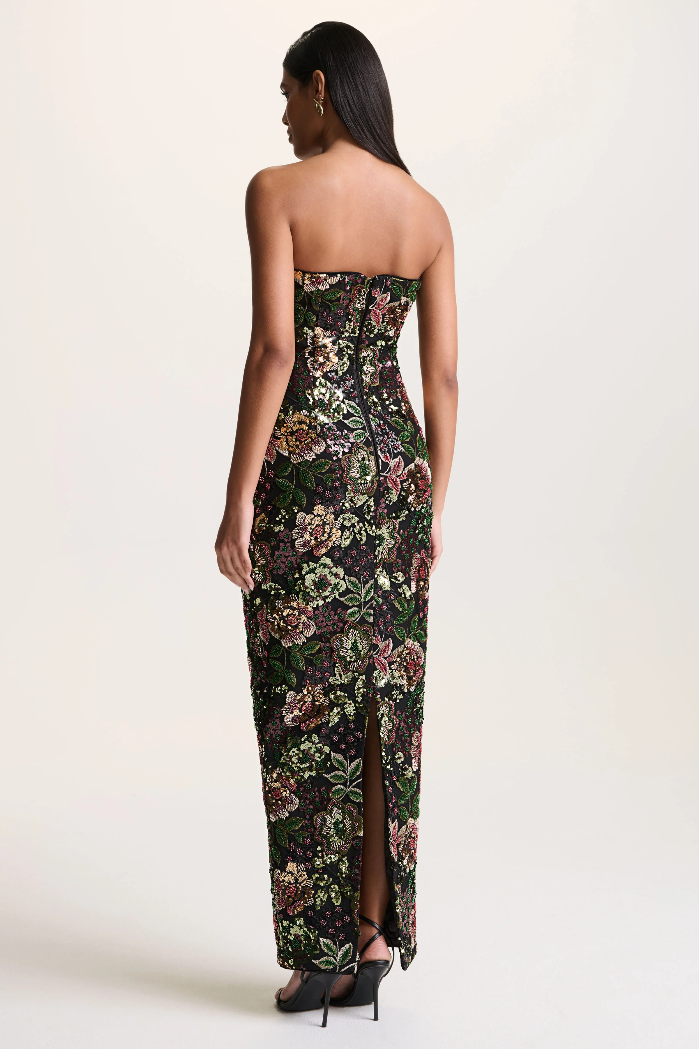 Cora | Winter Floral Embellished Mesh Bandeau Maxi Dress With Scarf - Image 3