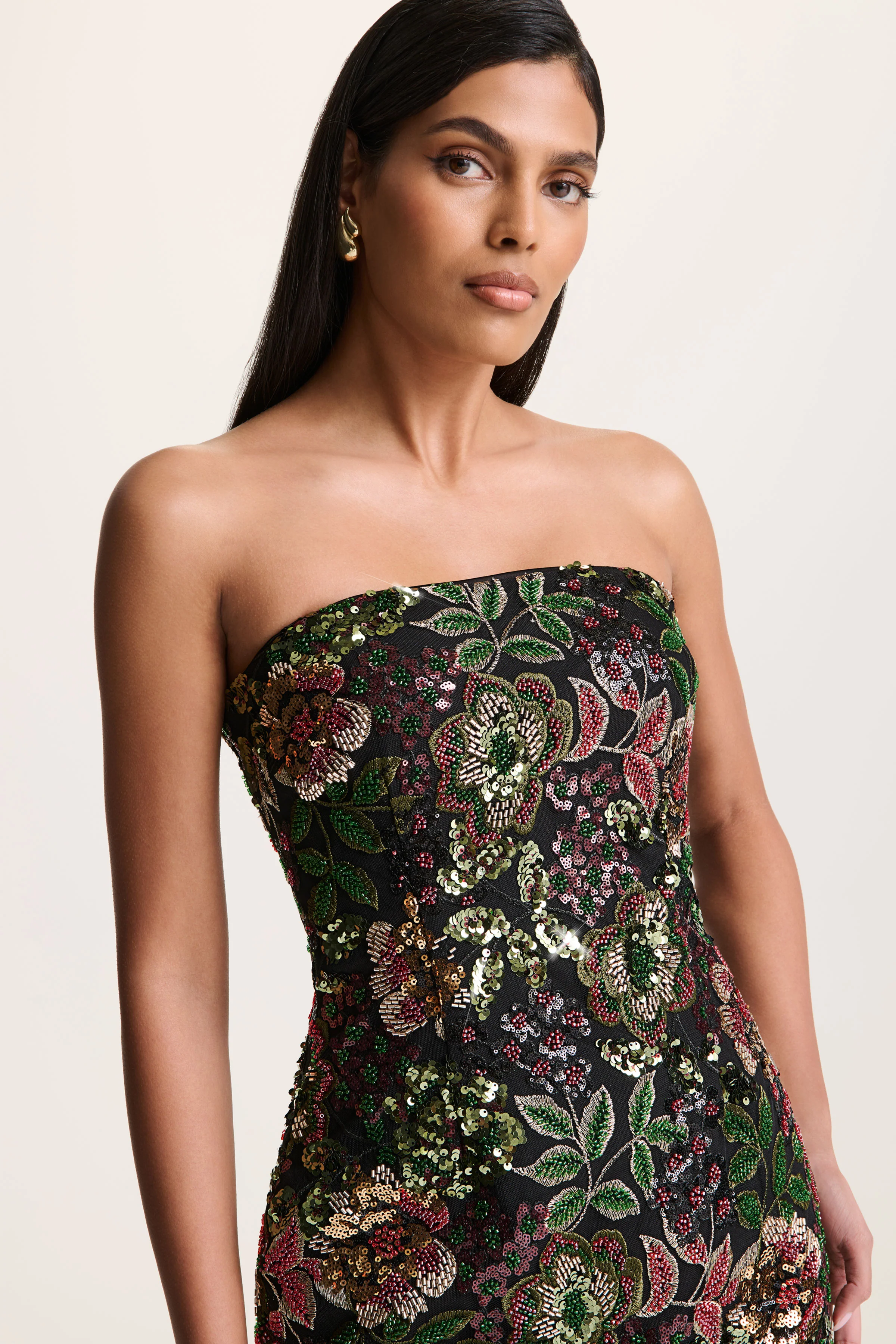 Cora | Winter Floral Embellished Mesh Bandeau Maxi Dress With Scarf - Image 4