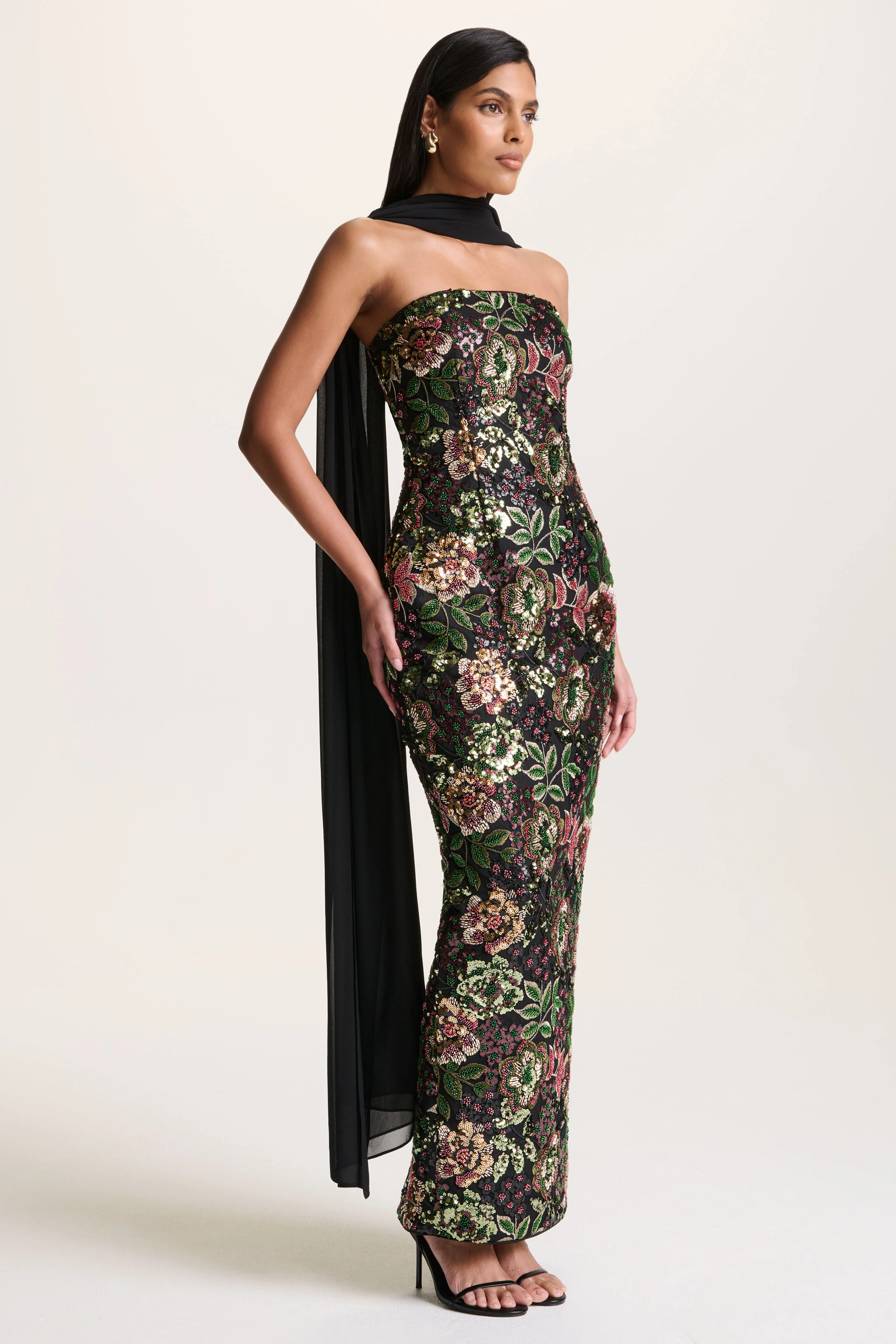 Cora | Winter Floral Embellished Mesh Bandeau Maxi Dress With Scarf - Image 5