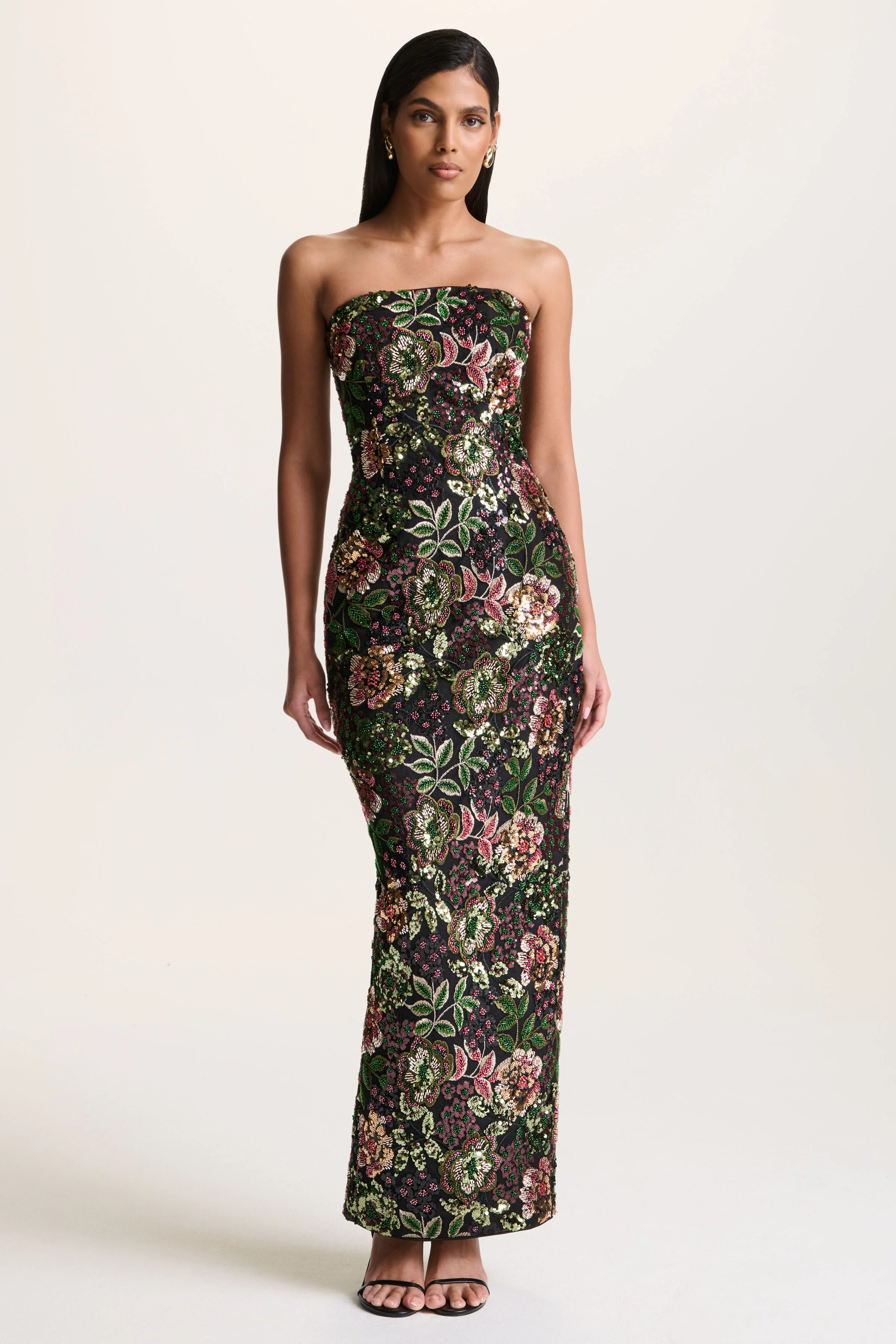Cora | Winter Floral Embellished Mesh Bandeau Maxi Dress With Scarf - Image 6