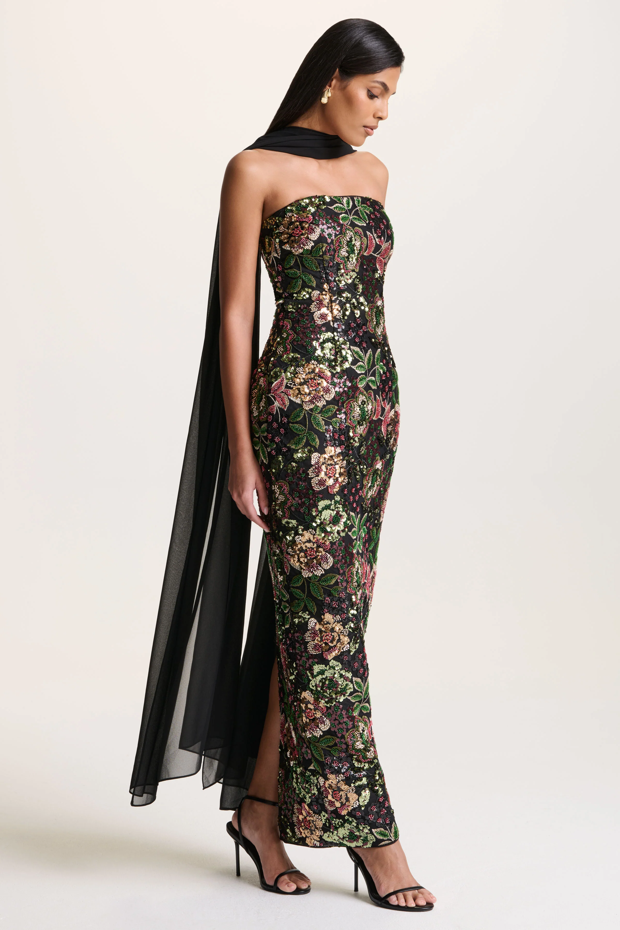 Cora | Winter Floral Embellished Mesh Bandeau Maxi Dress With Scarf - Image 7