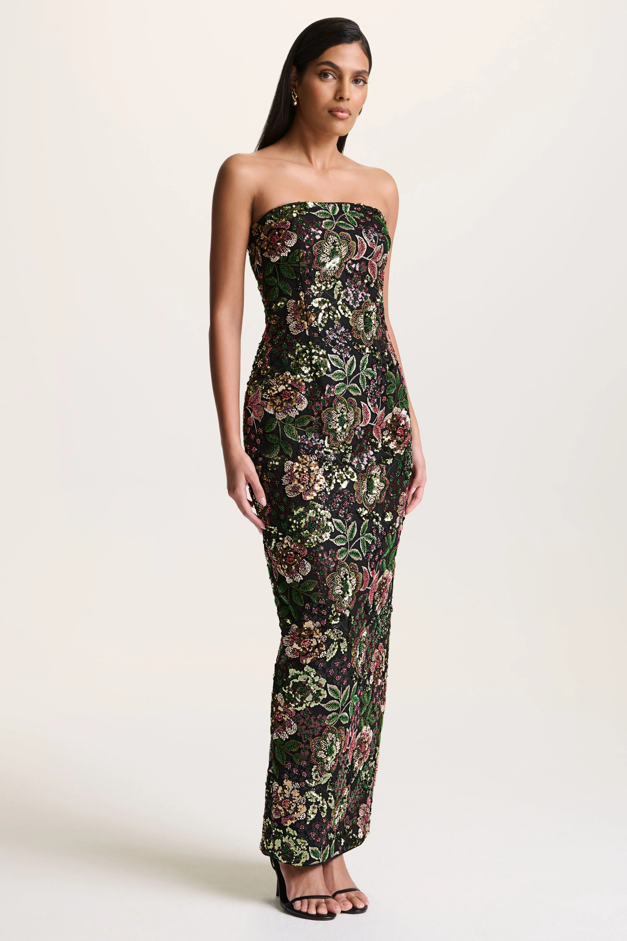 Cora | Winter Floral Embellished Mesh Bandeau Maxi Dress With Scarf - Image 8