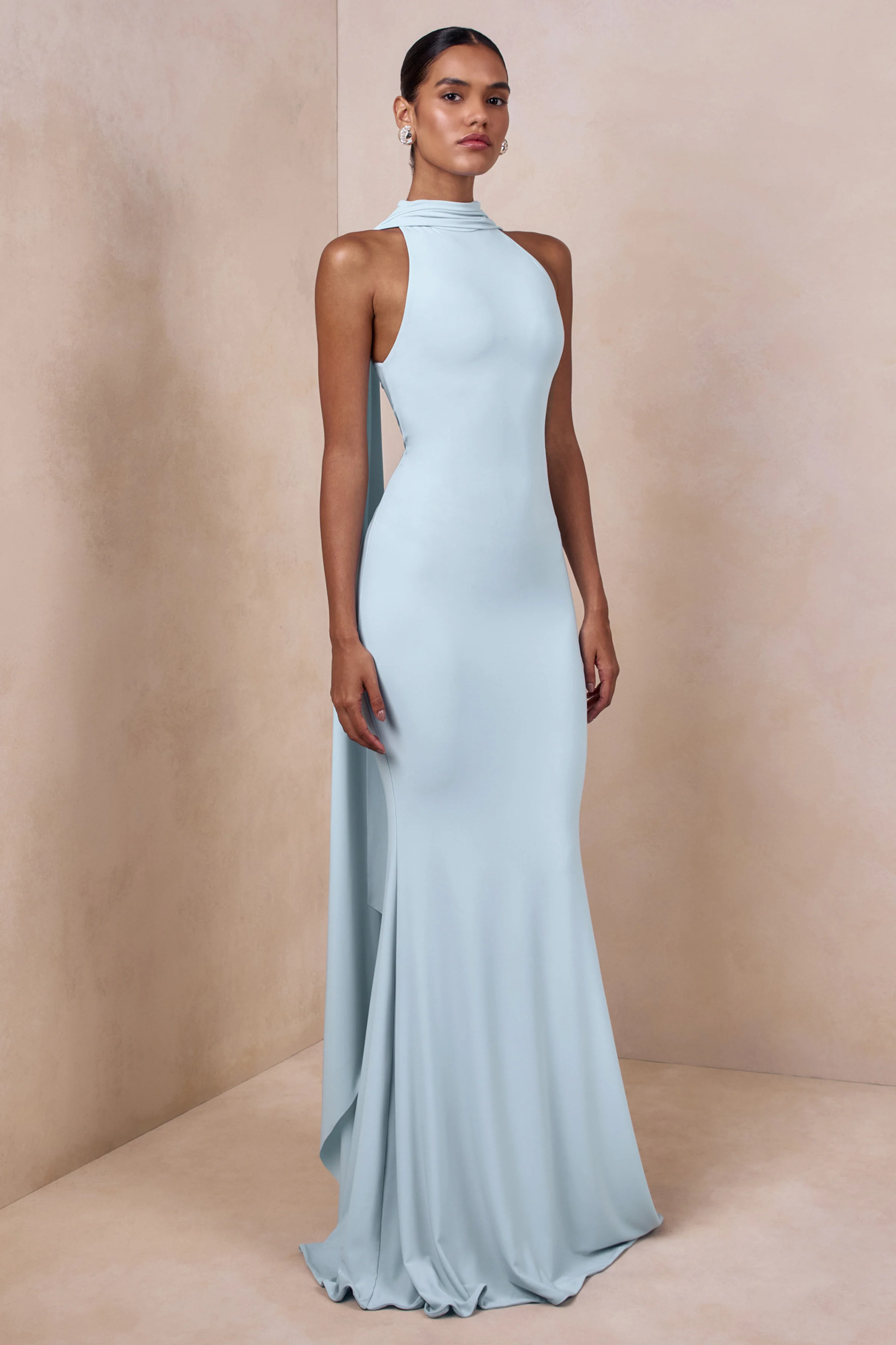 Cordy | Powder Blue High-Neck Maxi Dress With Cape - Image 4