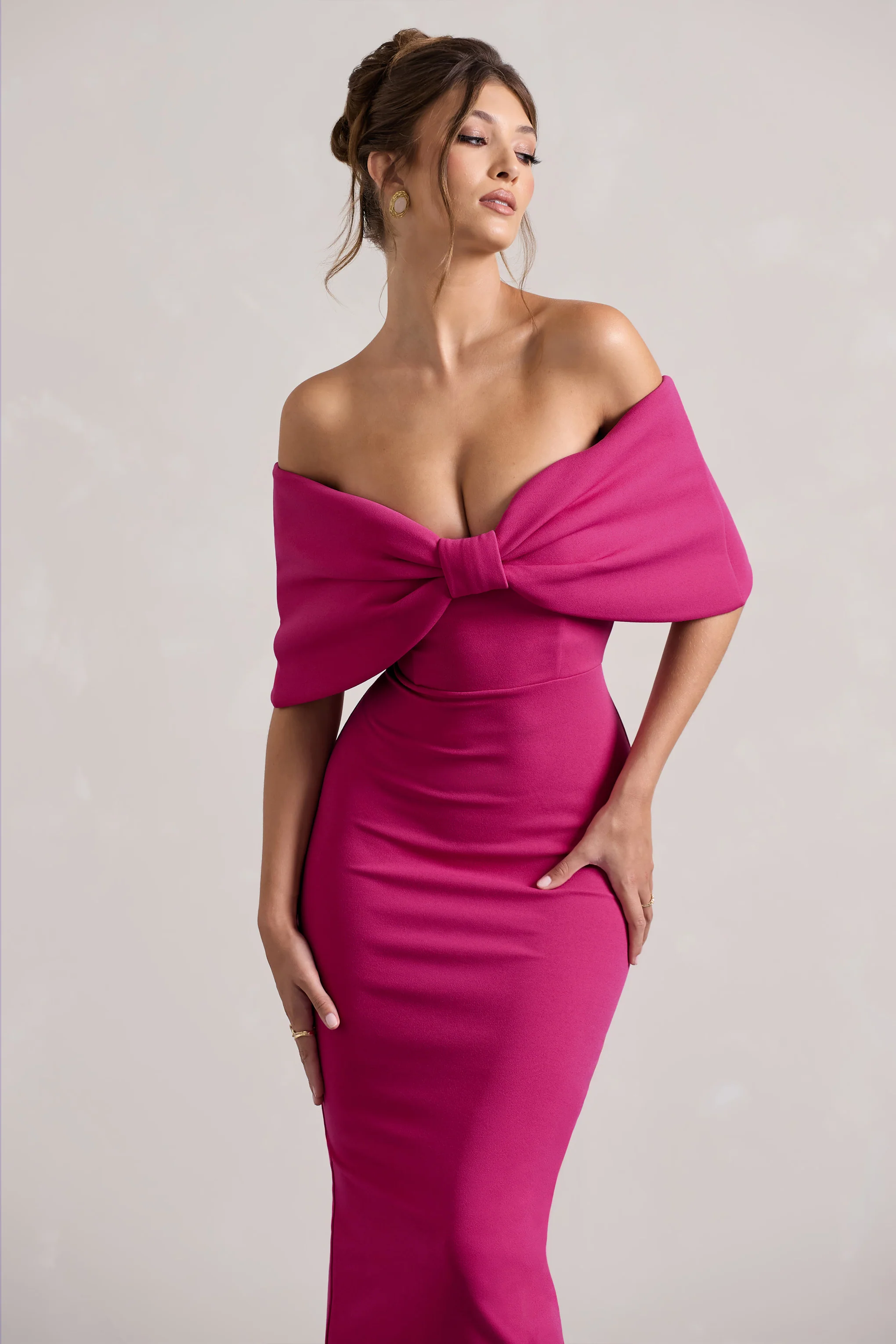 Cornelia | Hot Pink Strapless Maxi Dress With Oversized Bow - Image 3