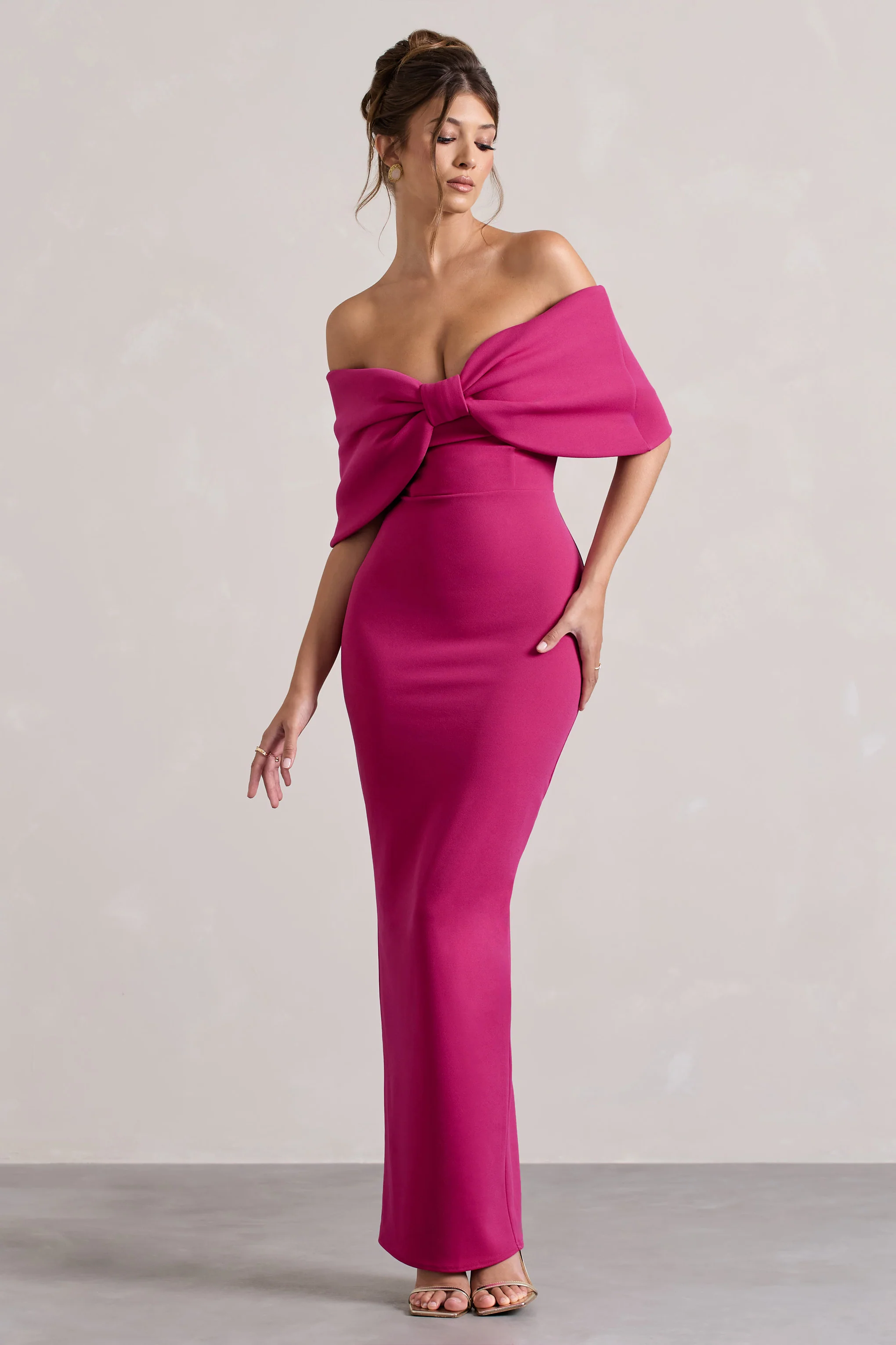 Cornelia | Hot Pink Strapless Maxi Dress With Oversized Bow - Image 4