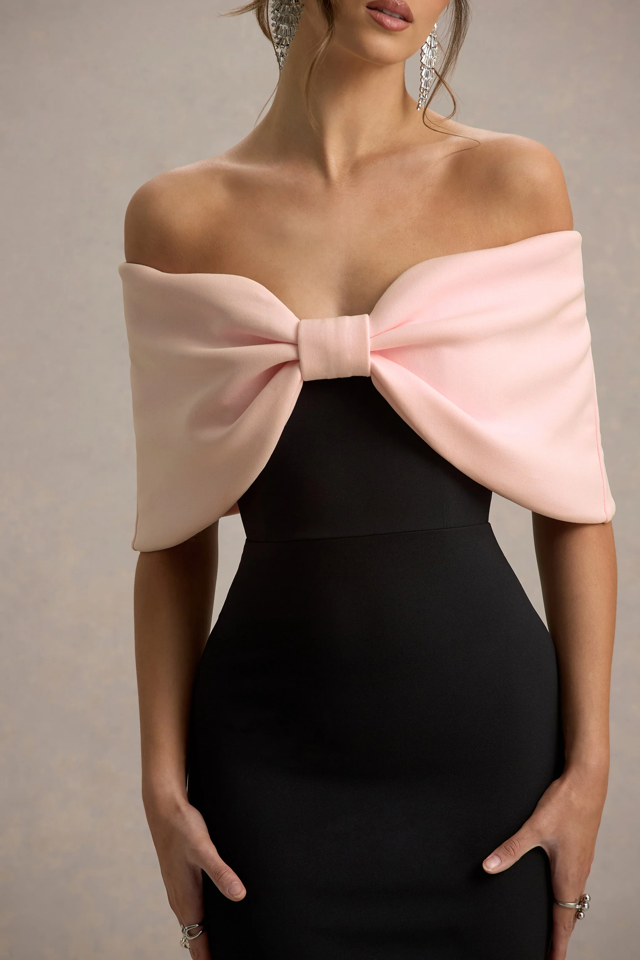 Cornelia | Pink & Black Strapless Maxi Dress With Oversized Bow - Image 3