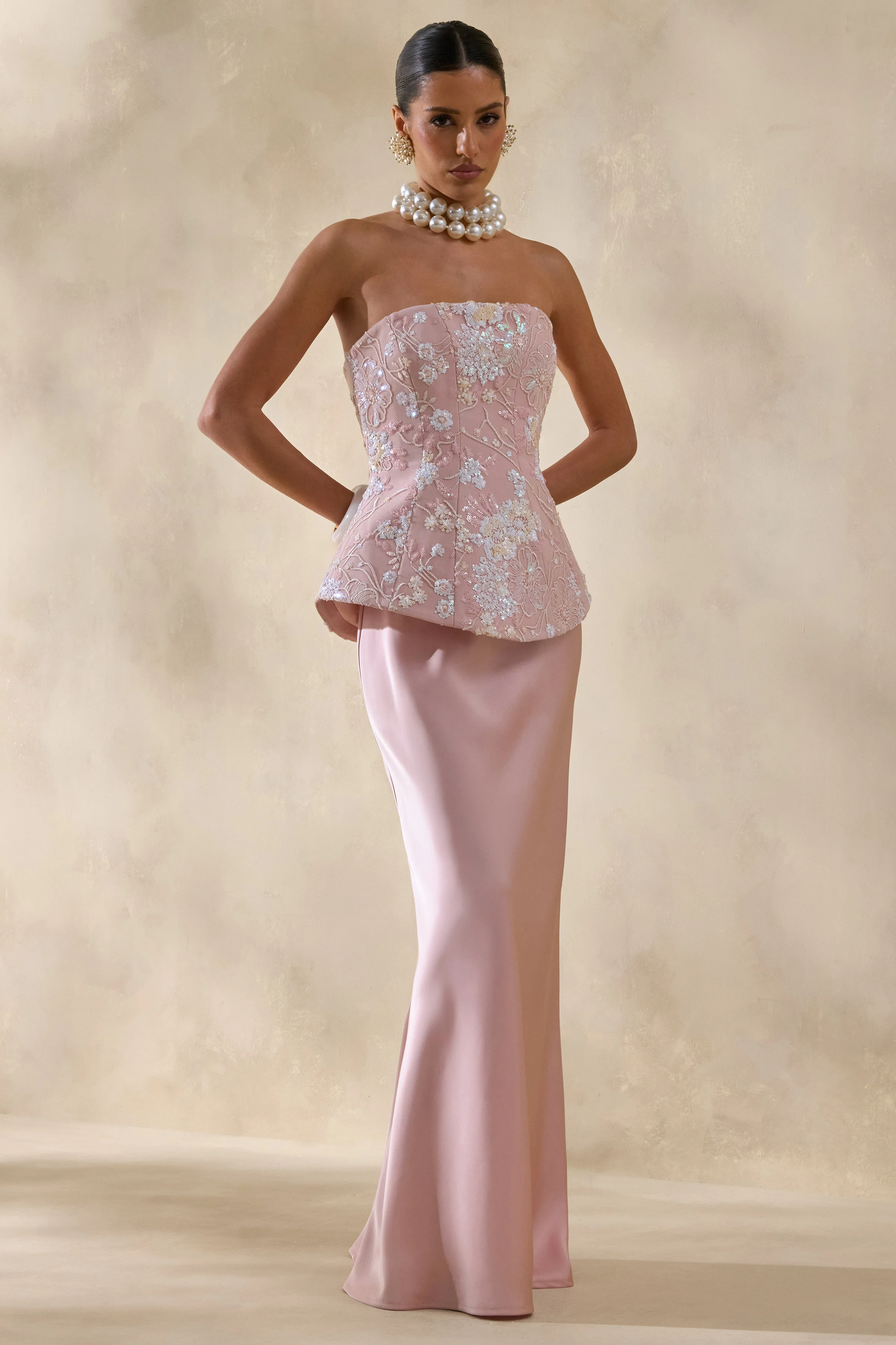 Corvina | Pink Embellished Floral Bandeau Corset Maxi Dress - Image 5