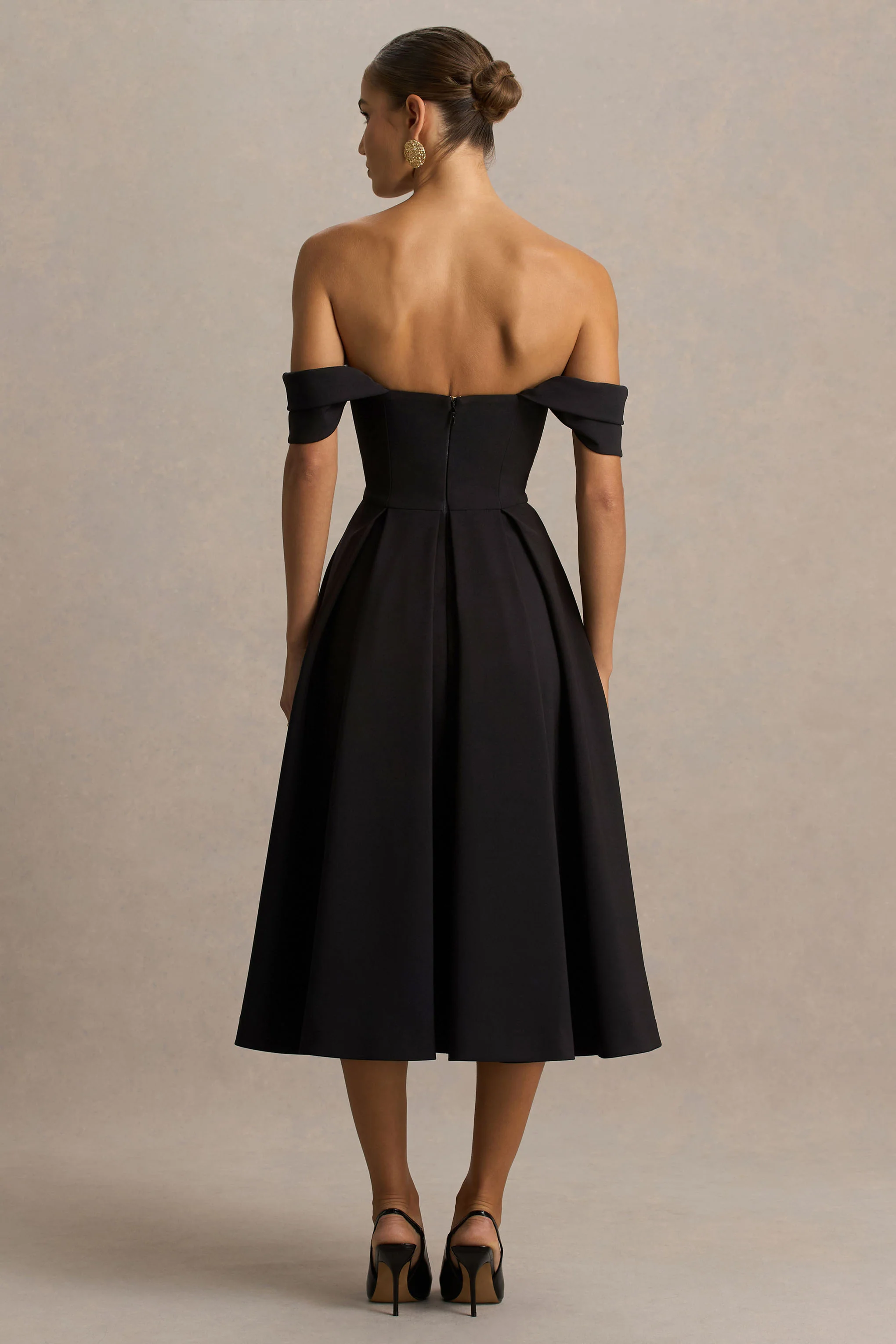 Cosima | Black Bardot-Neck Midi Dress - Image 2