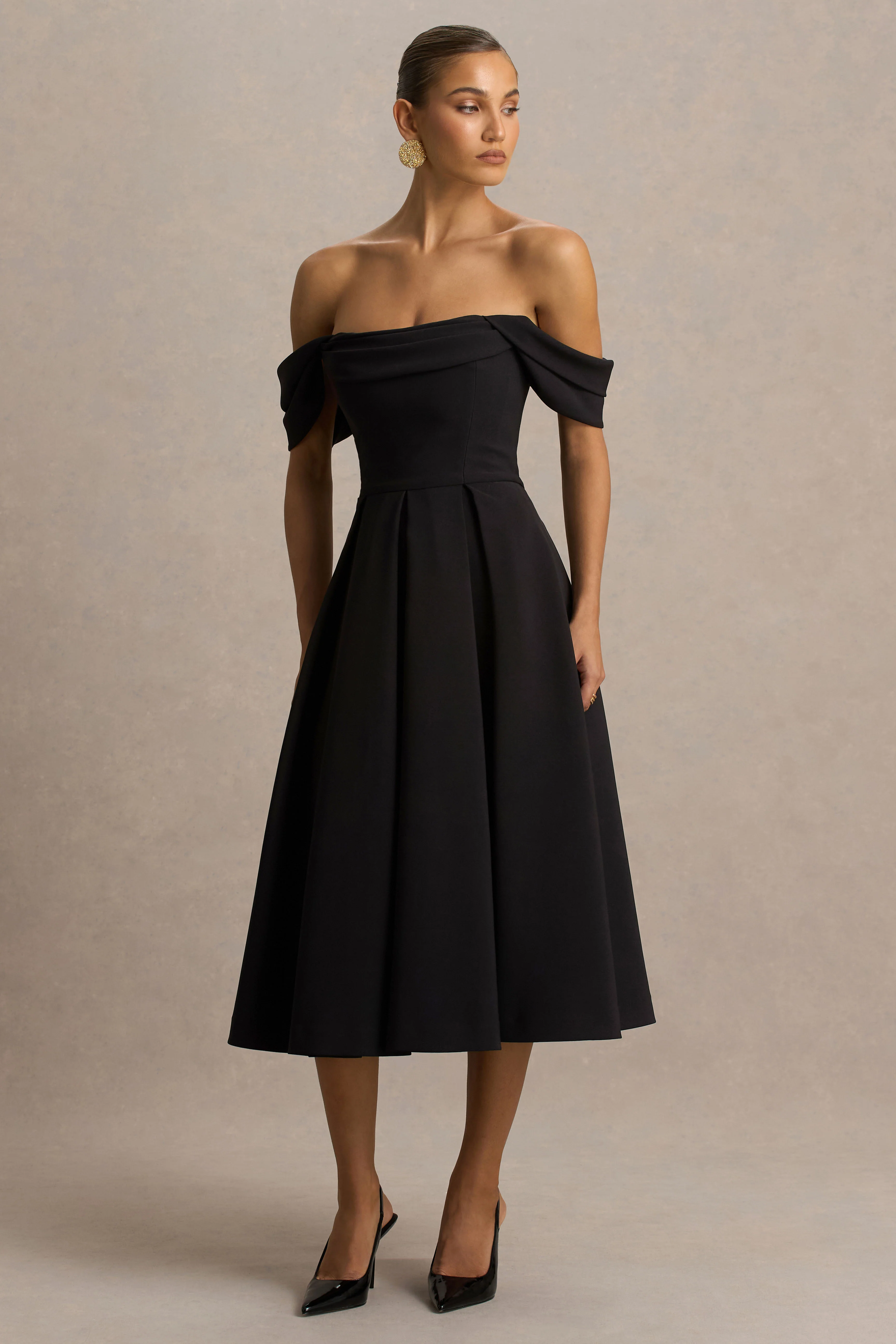Cosima | Black Bardot-Neck Midi Dress - Image 5