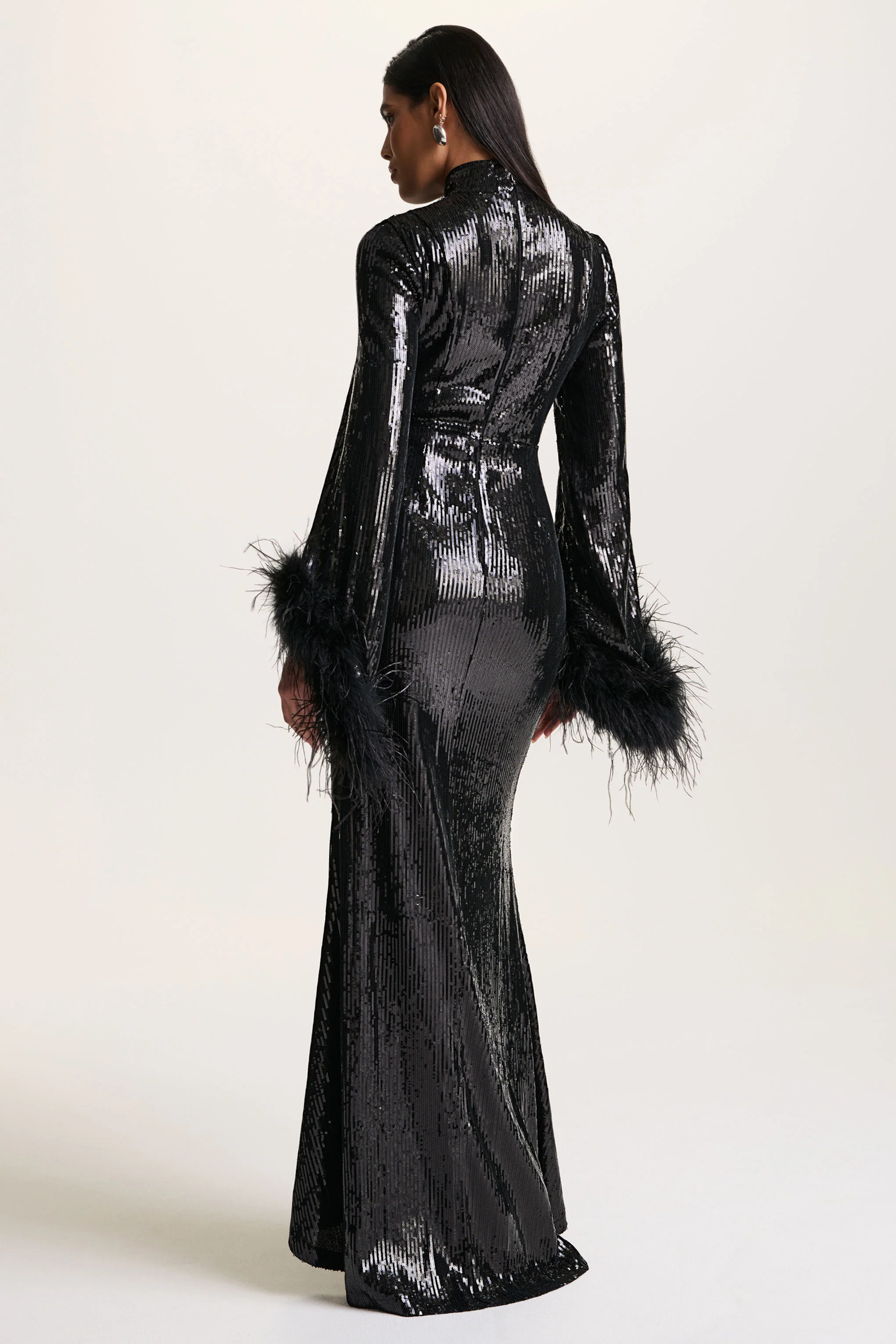 Cosmic Star | Black Sequin High-Neck Maxi Dress With Feather Cuffs - Image 2