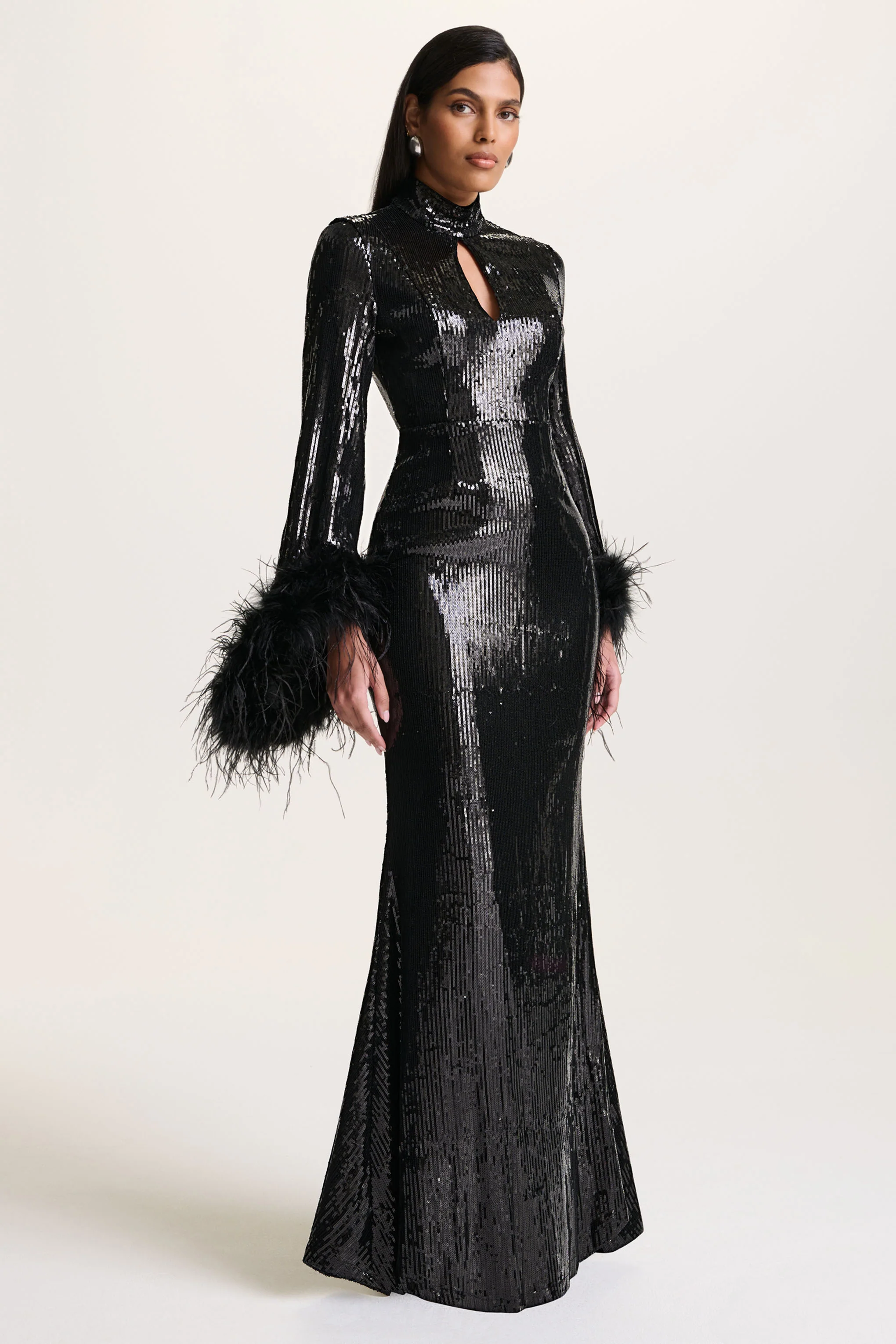 Cosmic Star | Black Sequin High-Neck Maxi Dress With Feather Cuffs - Image 5