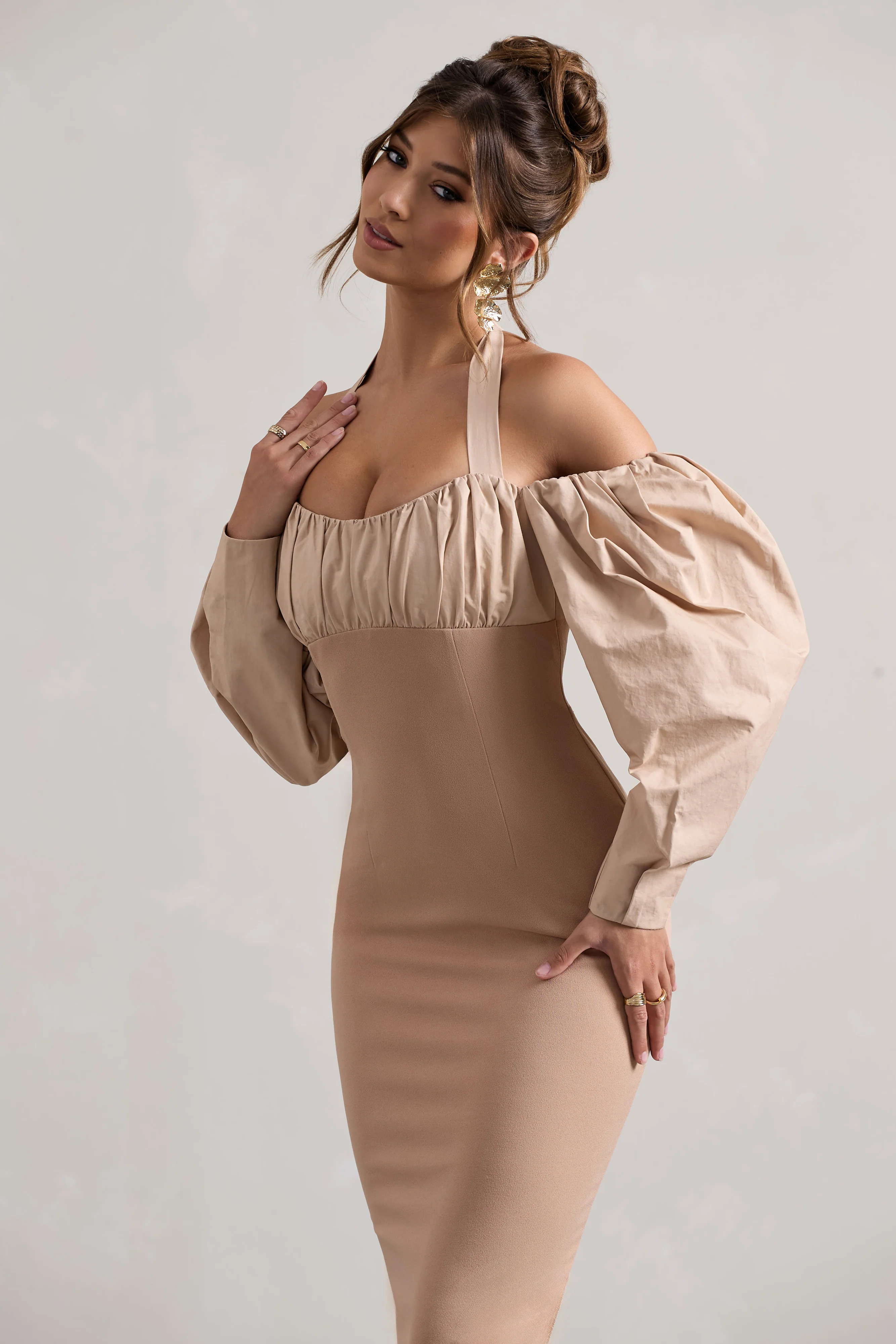 Couture Client | Champagne Halter-Neck Puff Sleeve Midi Dress - Image 3