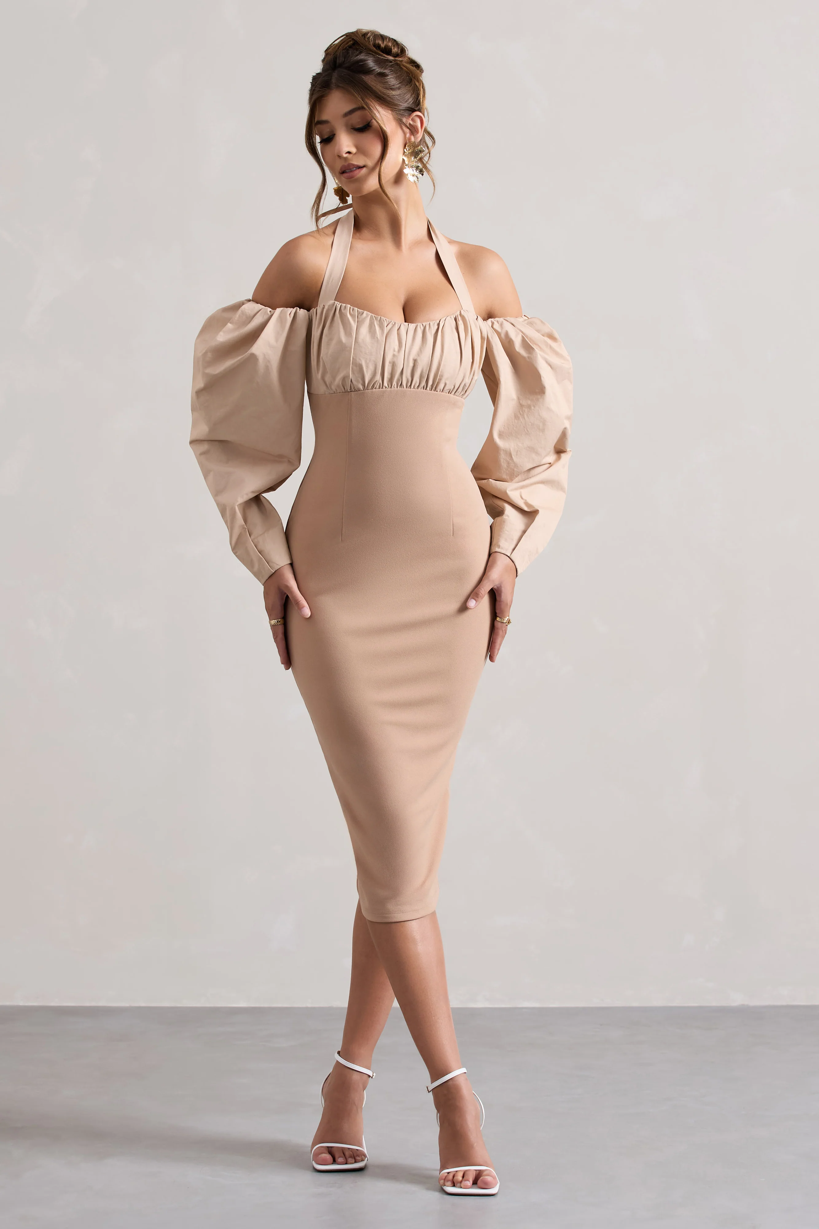 Couture Client | Champagne Halter-Neck Puff Sleeve Midi Dress - Image 4