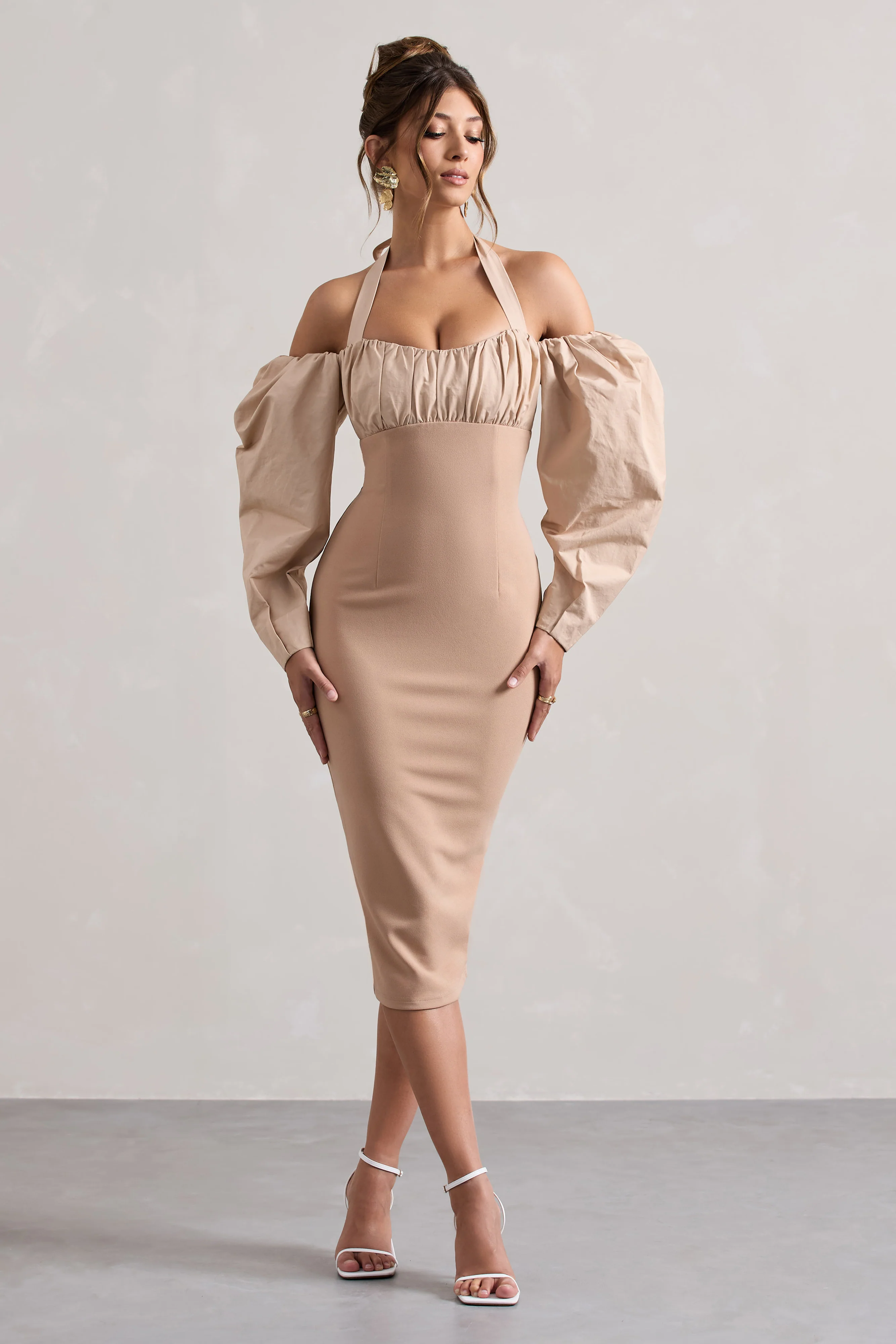 Couture Client | Champagne Halter-Neck Puff Sleeve Midi Dress - Image 5