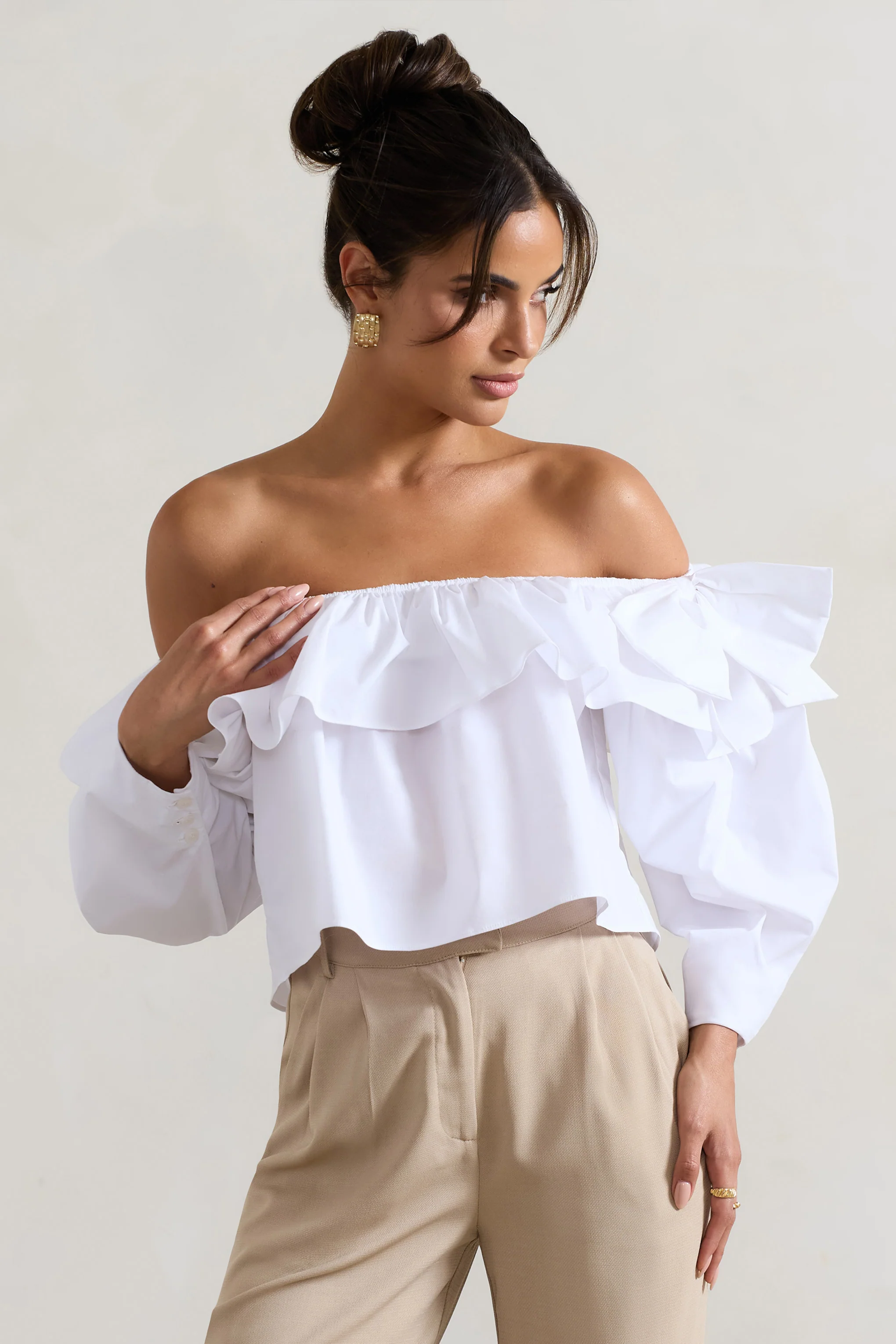 Cove | White Bardot Puff-Sleeve Ruffle Top With Bows - Image 10