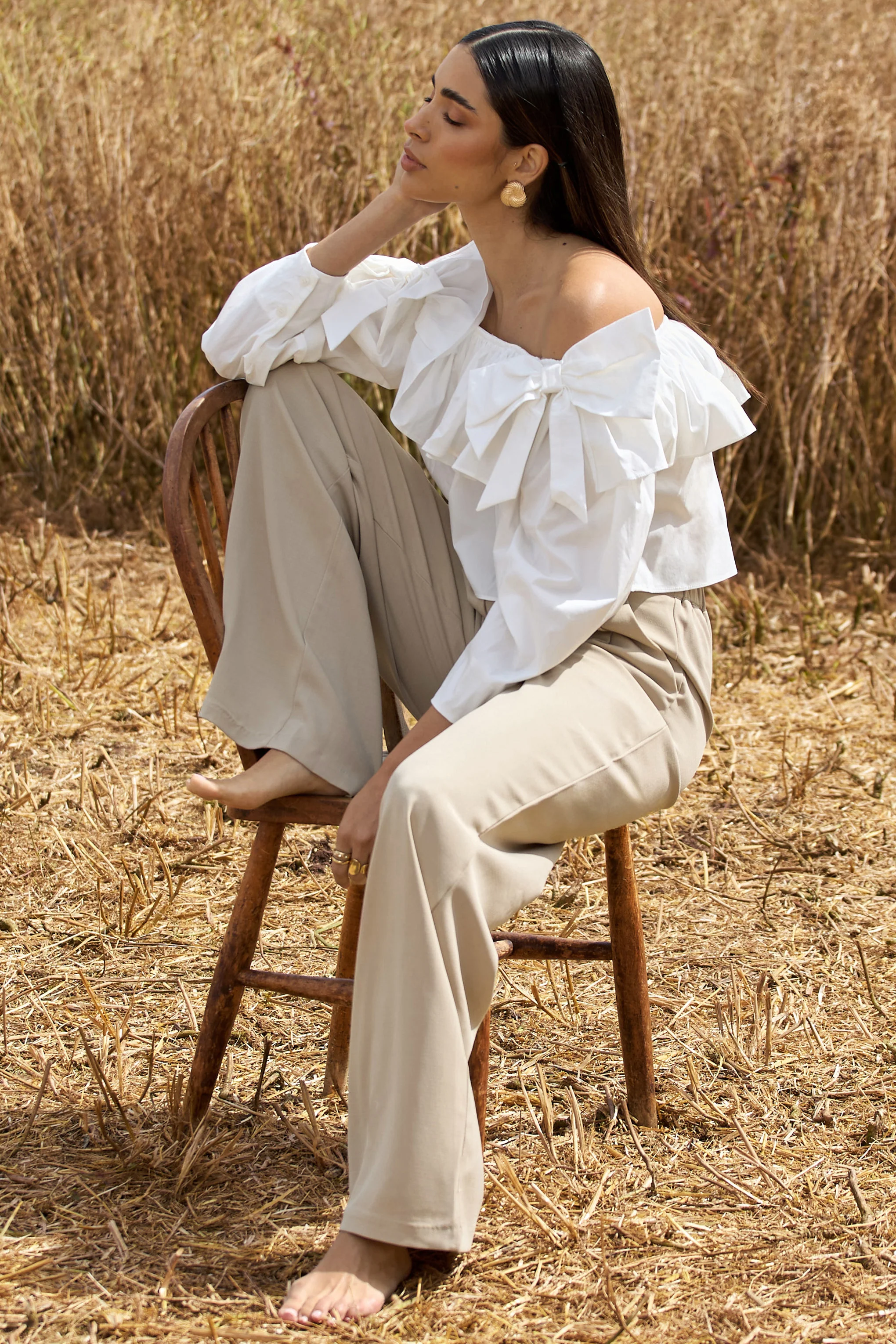 Cove | White Bardot Puff-Sleeve Ruffle Top With Bows - Image 2