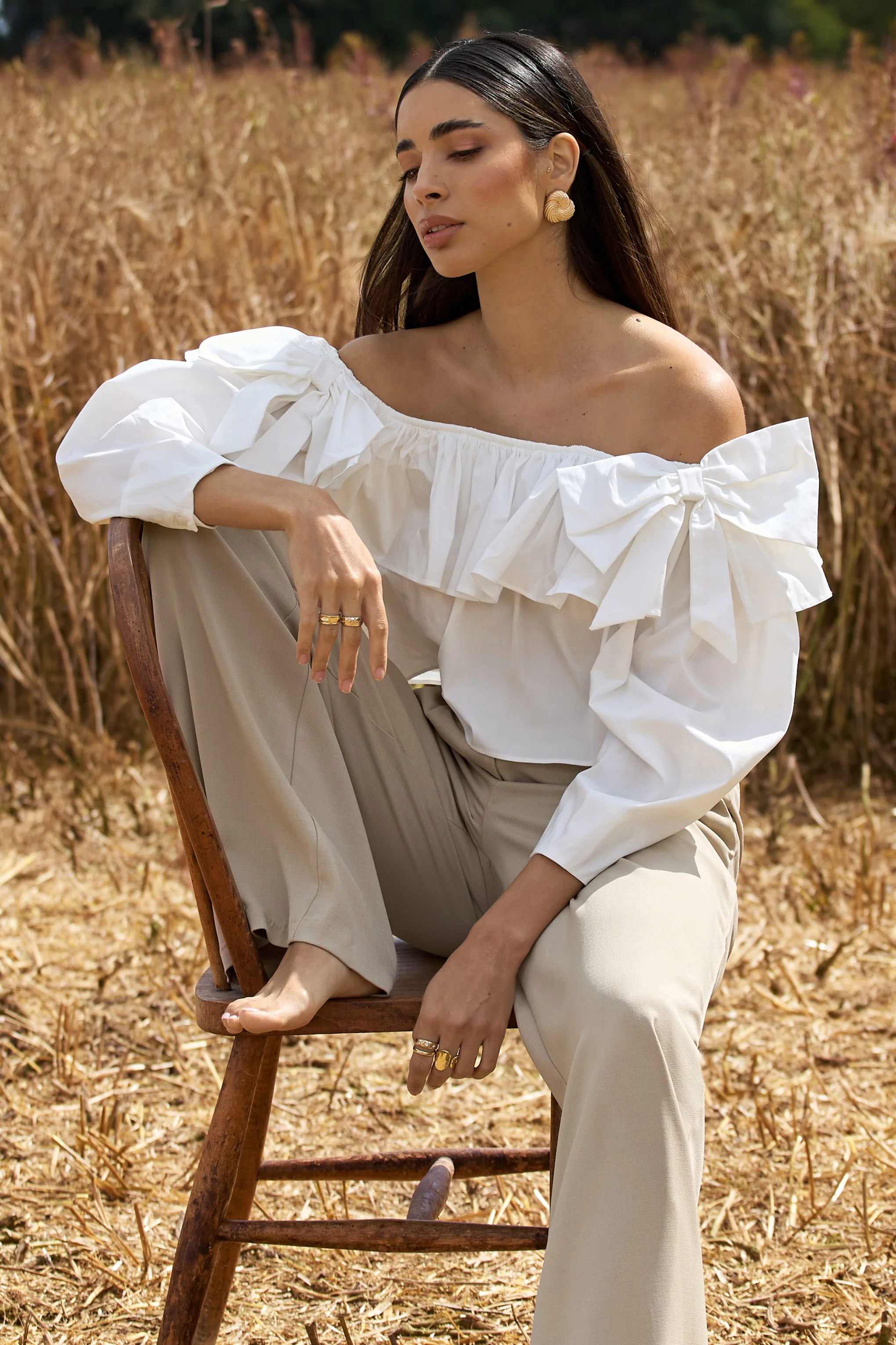Cove | White Bardot Puff-Sleeve Ruffle Top With Bows - Image 3