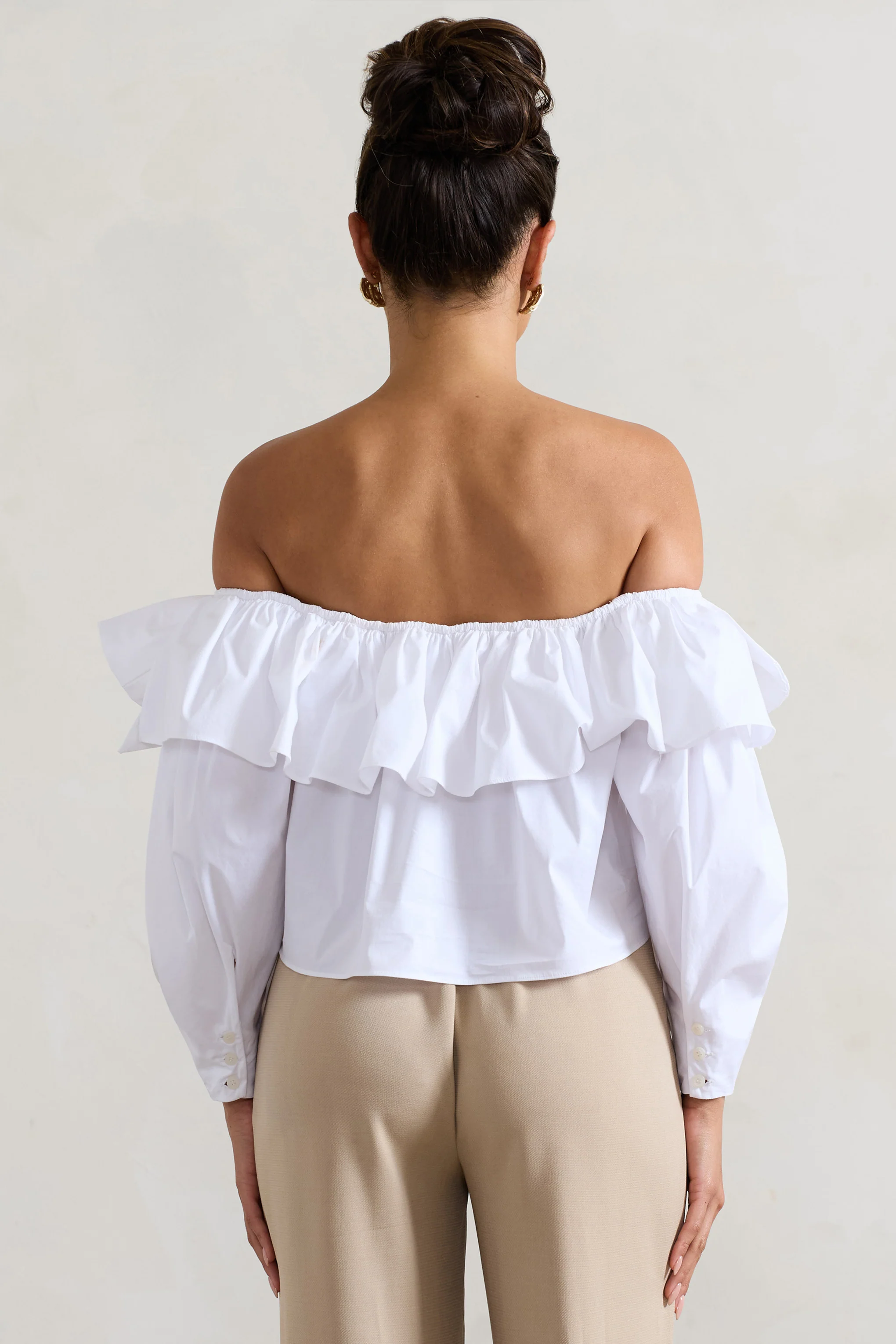 Cove | White Bardot Puff-Sleeve Ruffle Top With Bows - Image 7