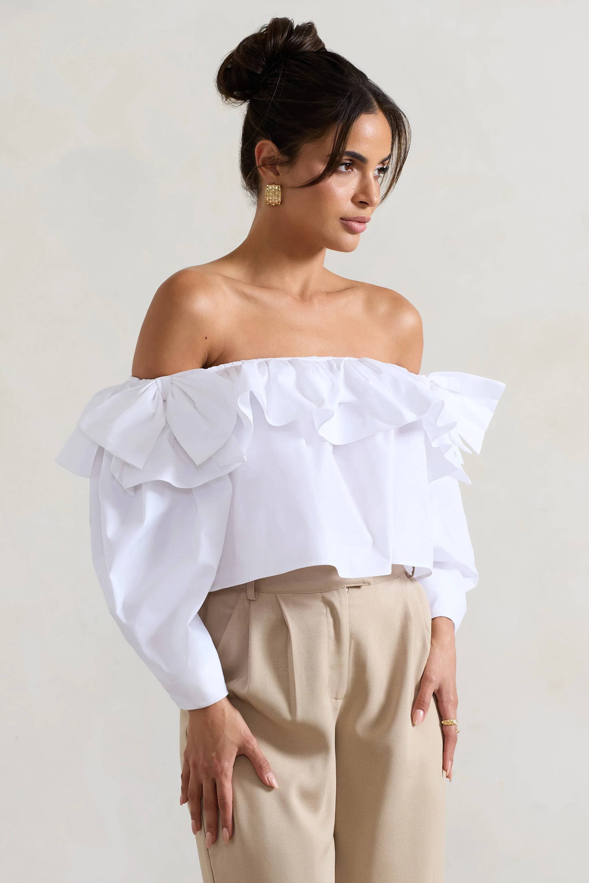 Cove | White Bardot Puff-Sleeve Ruffle Top With Bows - Image 9