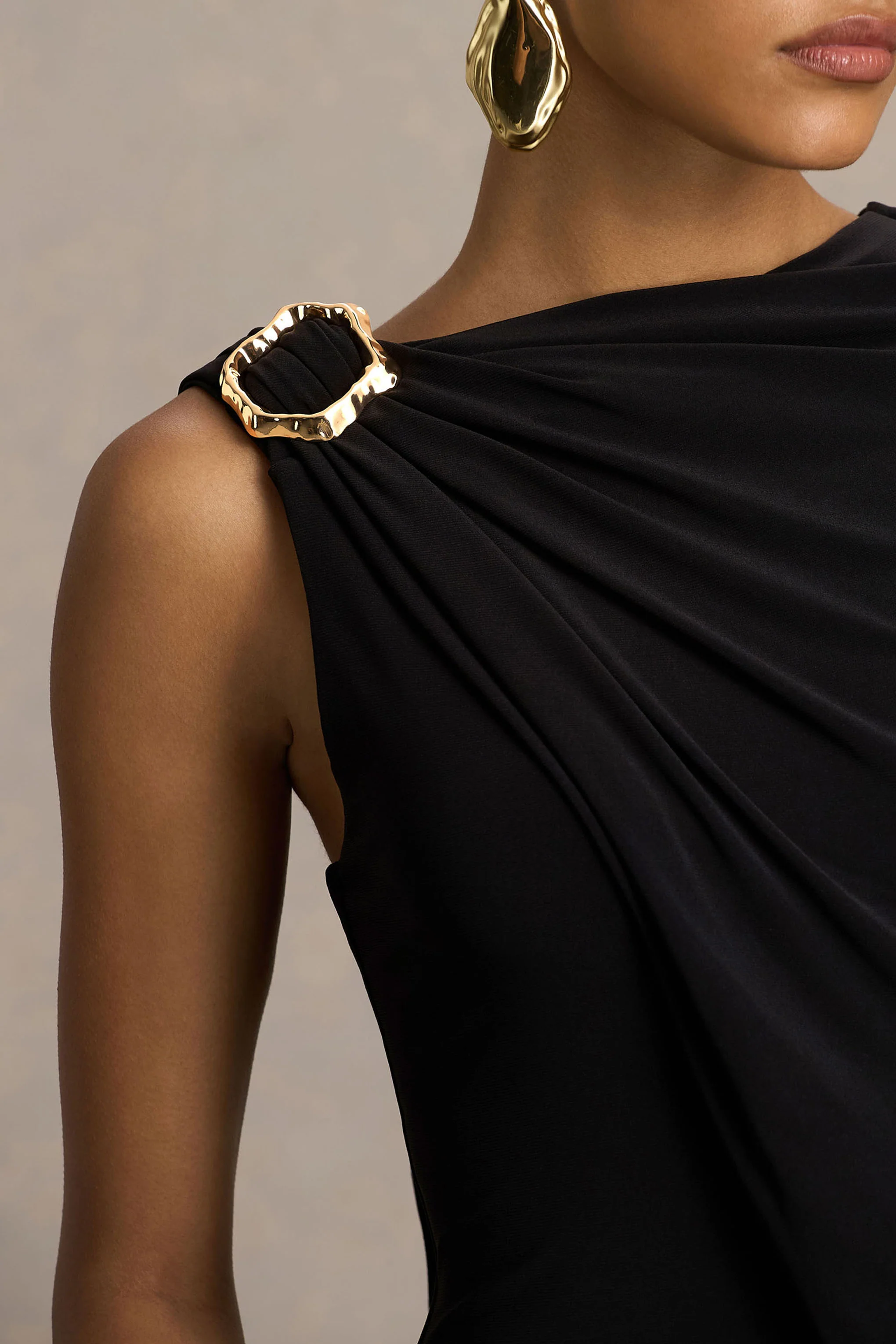 Cressida | Black Asymmetric-Neck Maxi Dress With Cape And Gold Detail - Image 3