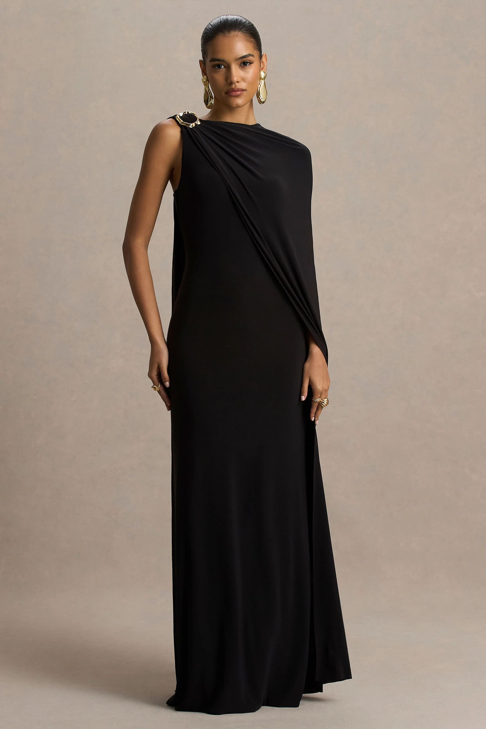 Cressida | Black Asymmetric-Neck Maxi Dress With Cape And Gold Detail - Image 5