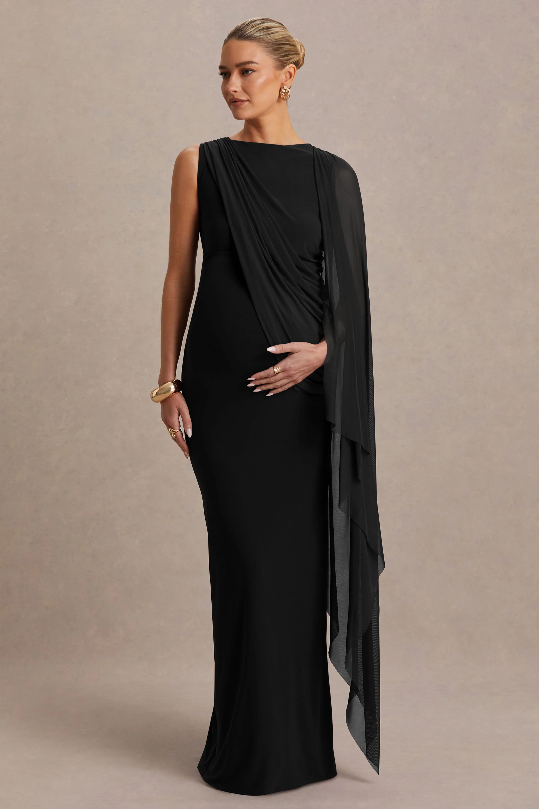 Cristina | Black High-Neck Maternity Maxi Dress With Cape-Sleeve - Image 3